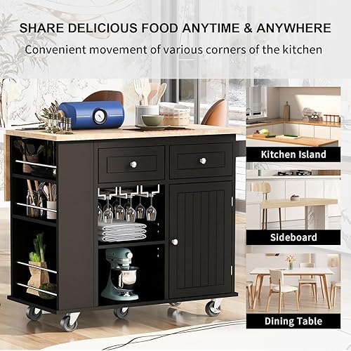 Miniatura 14 de NIOIIKIT Carrito de cocina con dos cajones y estantes abiertos, carrito de cocina con soportes para tazas de vino, mesa de cocina con toma de