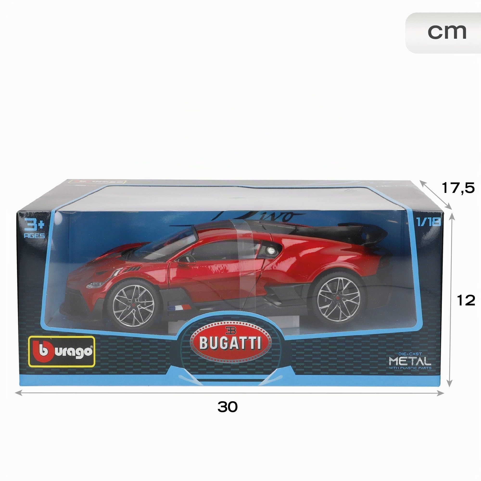 Burago Maqueta coche Bugatti Divo, Escala 1:18, Carrocería en rojo y negro con aerodinámica optimizada, Fabricado en die-cast metal, Puertas apertura manual, Interior detallado (78093)