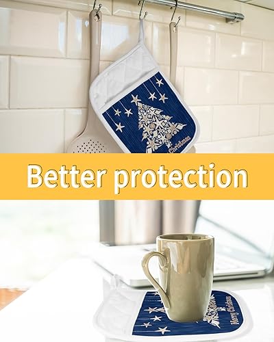 Miniatura 7 de Juego de 2 soportes para ollas de Navidad para cocina, antideslizantes y aislantes de calor, juego de agarraderas de tela de toalla con bolsillo,
