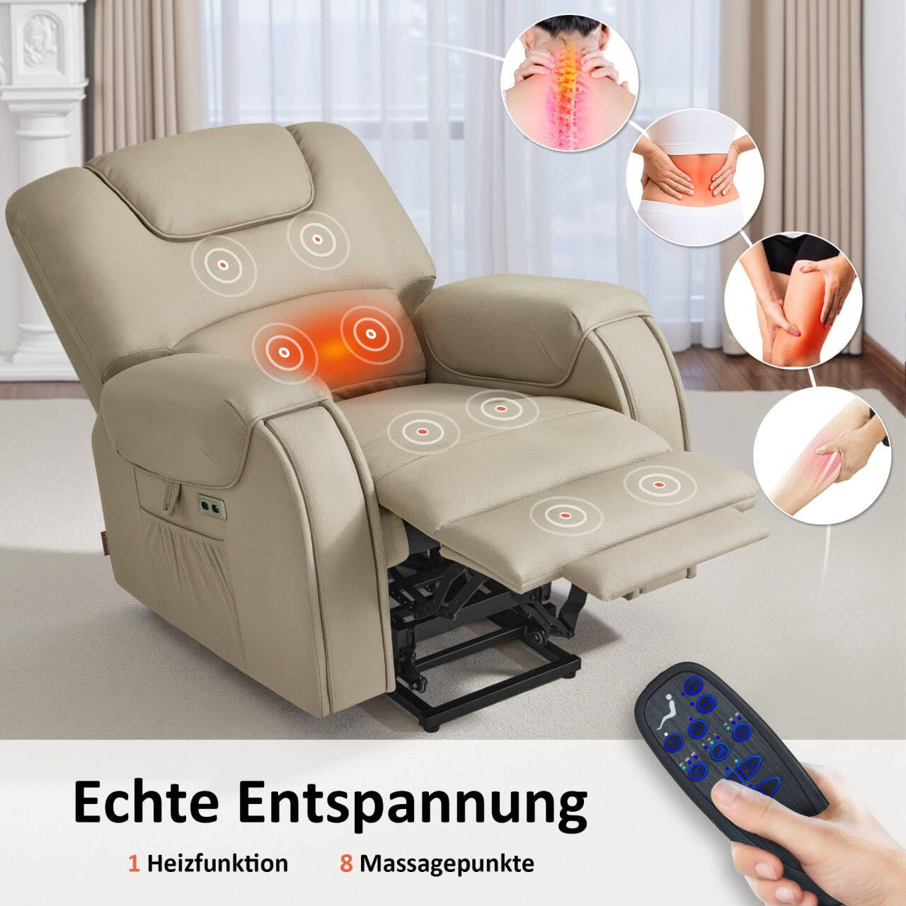 M MCombo Fernsehsessel mit Aufstehhilfe Elektrisch, mit Massage & Heizung, Relaxsessel mit Liegefunktion bis 145° 35D Vollschaum-Sitzkissen Versteckte Becherhalter 7252 (Mikrofaser, Beigebraun)