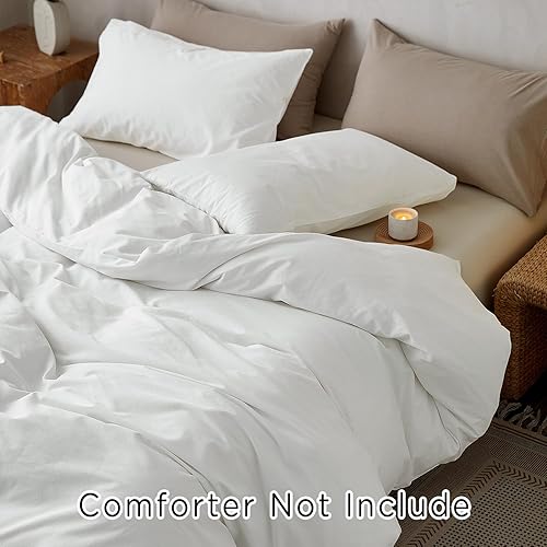 Miniatura 7 de TOCOMOA Juego de funda de edredón tamaño Queen, 100% algodón lavado con textura de lino, juego de ropa de cama de 3 piezas, color blanco roto, suave