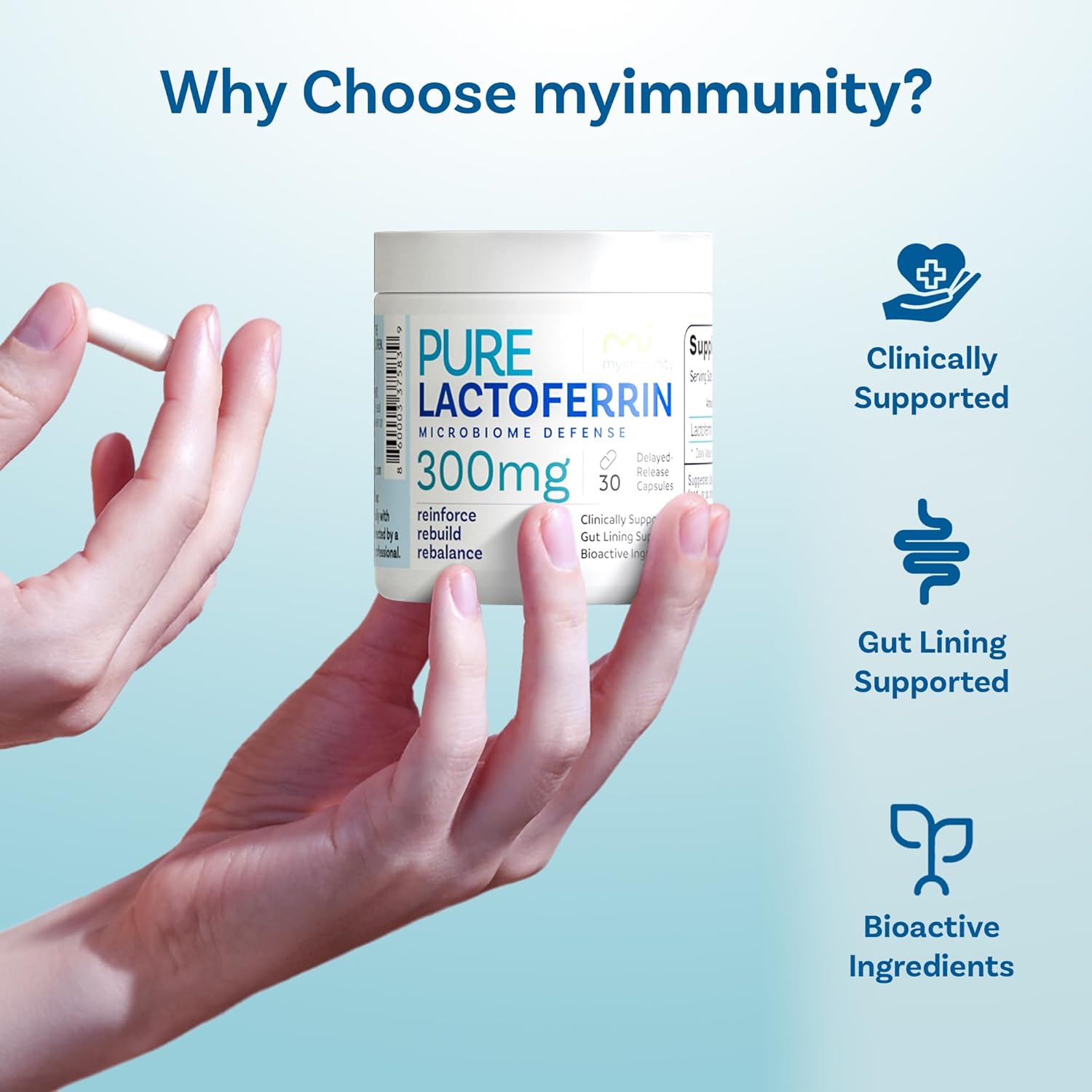 Pure Lactoferrin Microbiome Defense - 300mg Delayed Release Capsules, Non-GMO, Iron Absorption & Immune System Support, Lactoferrin Supplements for Adults, Gluten-Free (30 Capsules)