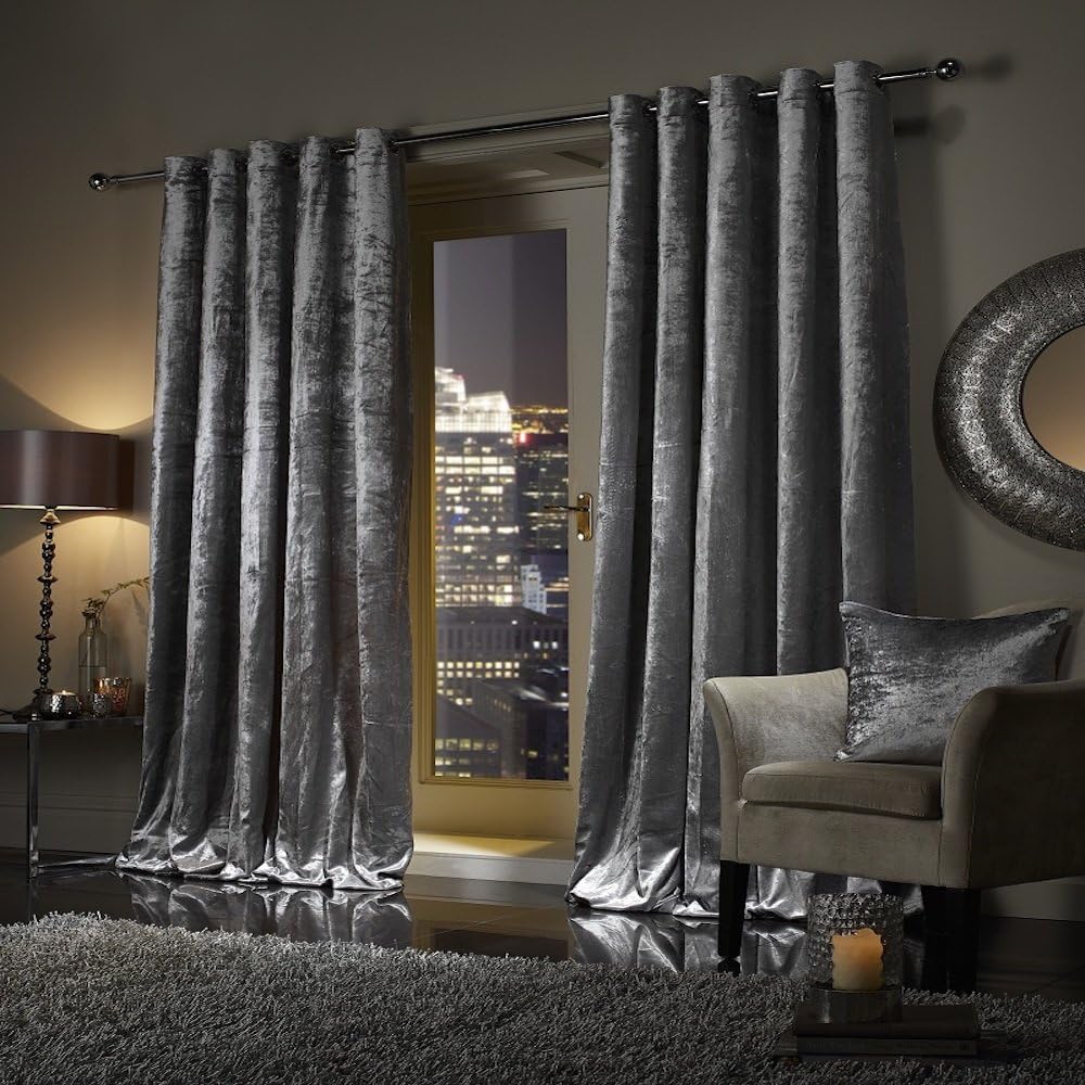 viceroy bedding Pair of Crushed Velvet Curtains Faux Velour EYELET RING TOP Fully Lined Curtains SILVER GREY (66" Width x 108" Drop)