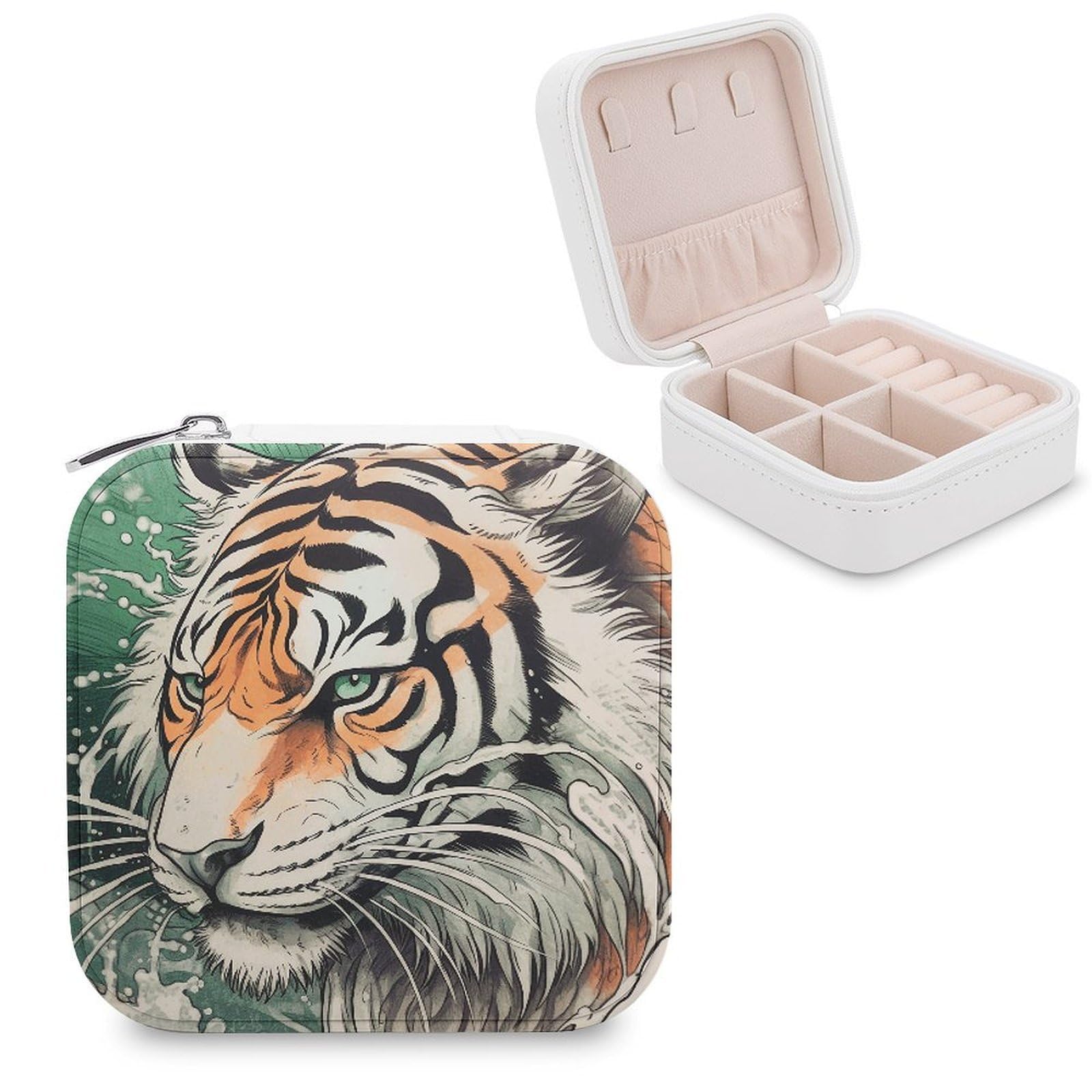 FekiLoot A Hand Drawn Tiger Jewelry Case Personalized Leather Jewelry Box Mini Travel Jewelry Case Small Portable Jewelry Organizer for Ring Earrings Necklace Bracelet