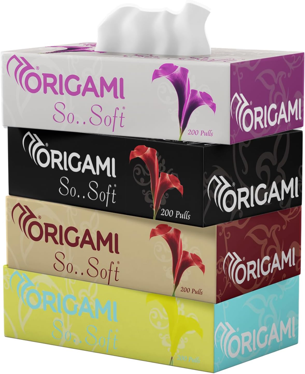 Origami So Soft 2 Ply Facial Tissue Box | Ultra Soft, Skin Friendly & Highly Absorbent Face Tissues | Multipurpose Car, Home & Office Use | Pack of 4 (200 Pulls Per Box, 800 Sheets)