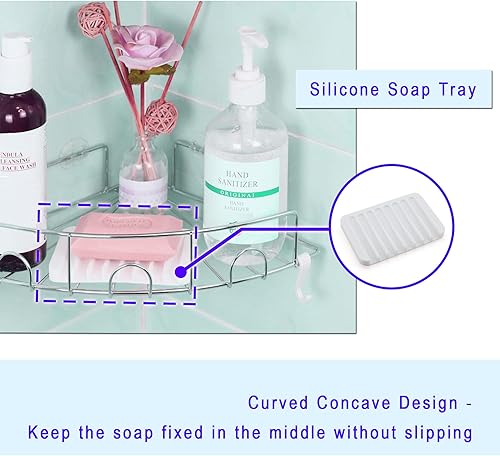 Miniatura 4 de Organizador de ducha de 3 niveles montado en la pared de acero inoxidable plateado, organizador adhesivo para baño, cocina, dormitorio, oficina,