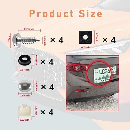 Miniatura 8 de Juego de 4 tornillos para placa de matrícula, a prueba de óxido, antirruido y antirrobo, pernos de montaje autorroscantes de acero inoxidable para