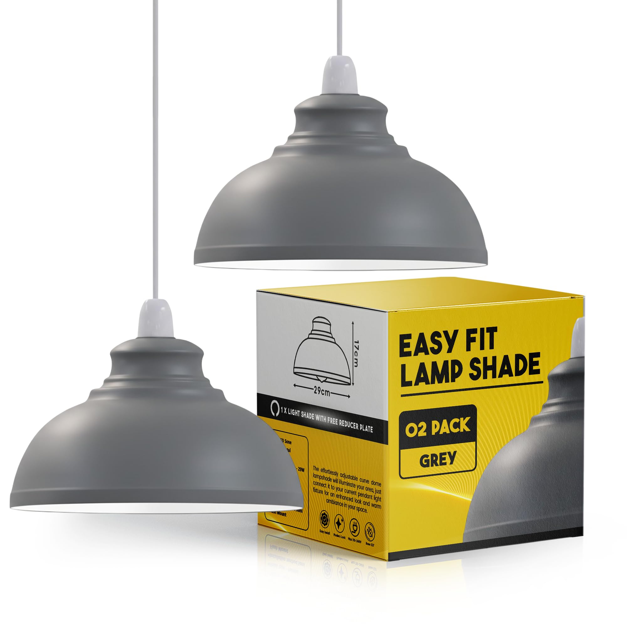Grey Metal Ceiling Lamp Shade Easy Fit Light Pendant 29cm Modern Ceiling Lighting Shade for Bedroom Hallway, Office