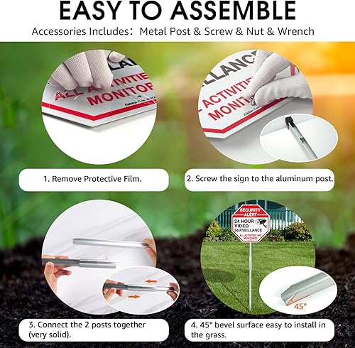 Miniatura 4 de Faittoo Letrero de seguridad para videovigilancia con estaca de 36 pulgadas para exterior, paquete de 2 unidades de aluminio pesado de 12 x 12