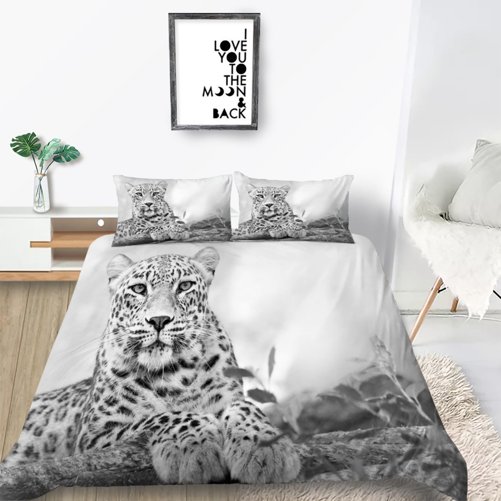 Housse de Couette 240 x 260 Animaux Léopard 3D Imprimé Parure de Lit Microfibre Motif Leopard Wildlife Parure Housse Couette 240x260 avec Fermeture Éclair 2 Personnes avec 2 Taies d'oreiller 65x65cm