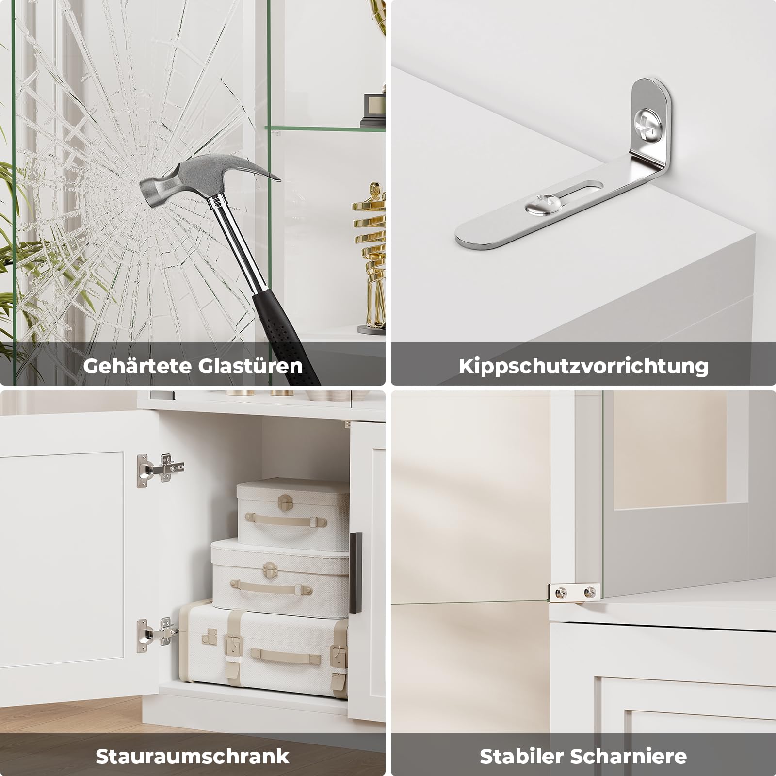 BROTTAR 170 cm Vitrine mit Glastüren, 4-stöckige Vitrine mit 2 herausnehmbaren Glasböden, Vitrine für Sammlerstücke, schwarz, weiß