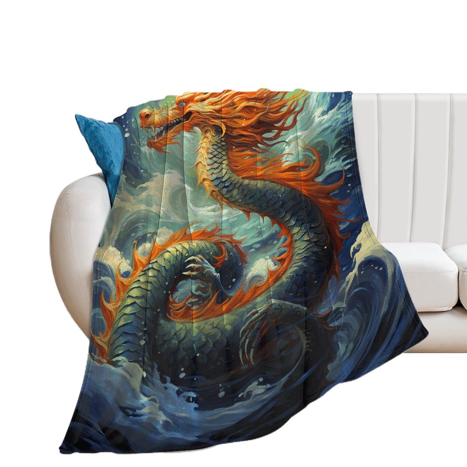 Couverture en flanelle douce contre le froid plaid extra large dragon chinois femme