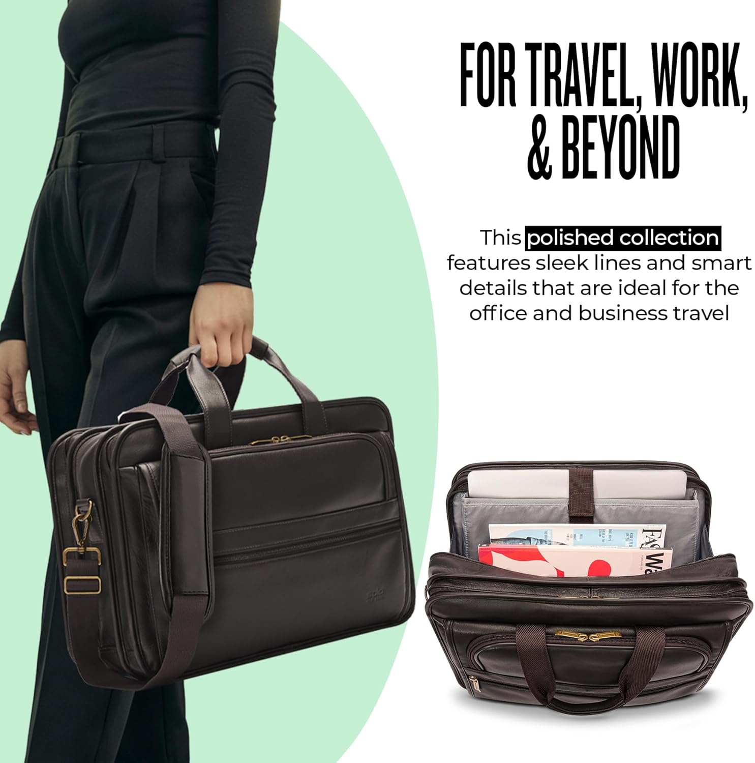 Solo New York Briefcase - Laptop Carrying Bag for Women & Men, Brief for Travel & Work, Padded Shoulder Strap, Premium Leather Body, Fits 15.6" Computer - Espresso