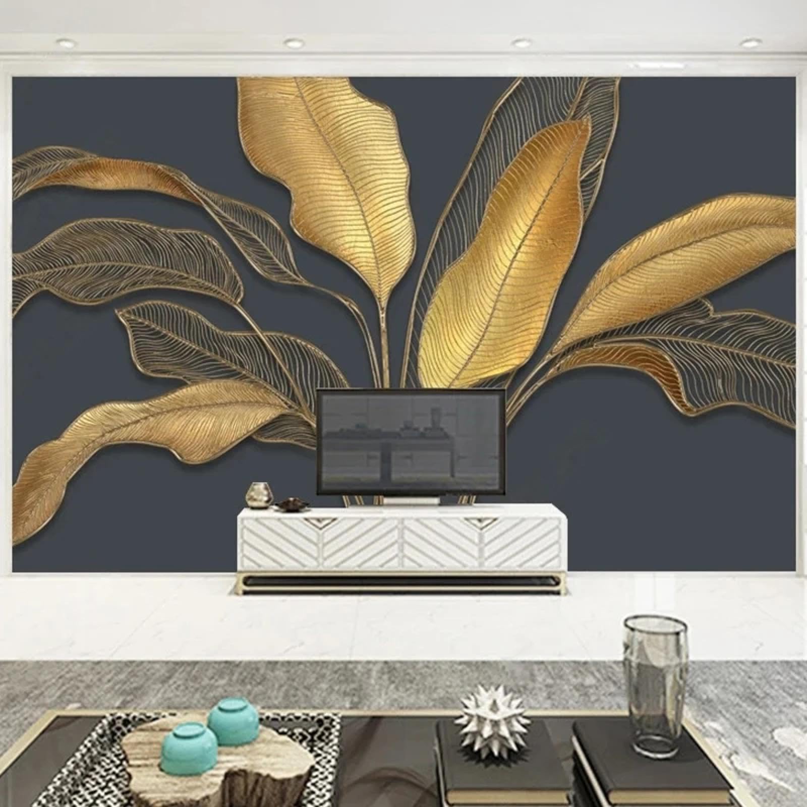 Papier peint mural 3d feuille d'or autocollant en soie salon moderne