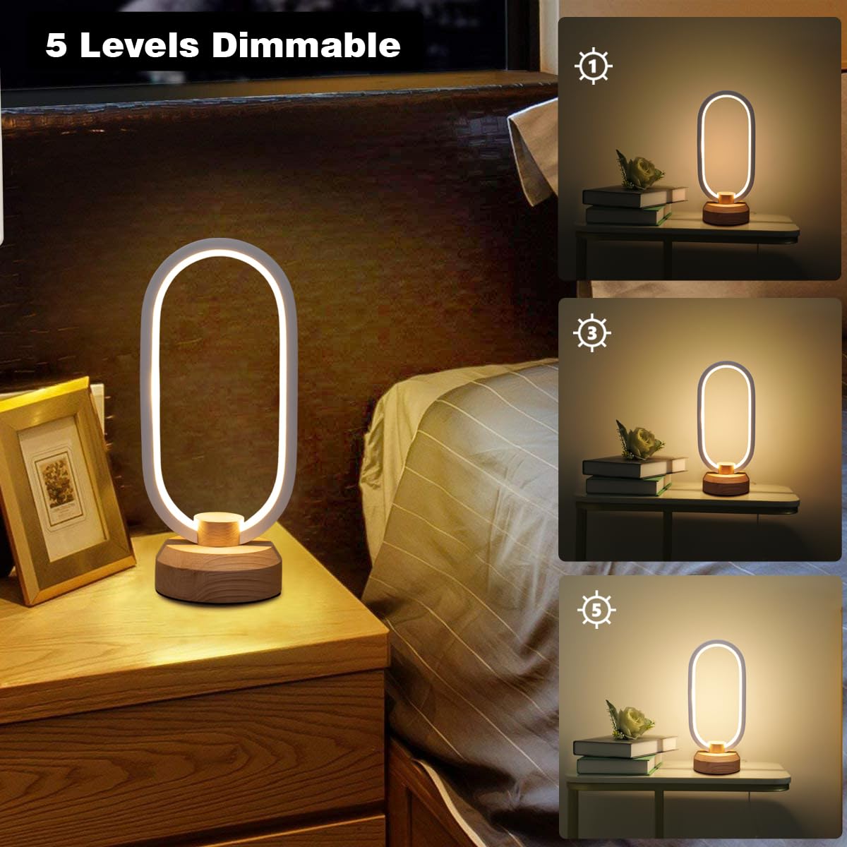 BASRAE Small LED Table Lamps,Modern Nightstand Lamps,Oval Bedside Lamp,Table Light,3 Colour Changing Desk Lamp,Dimmable Wood Warm Lights for Bedroom Living Room Kids Room Home,5 Brightness Levels - Image 2