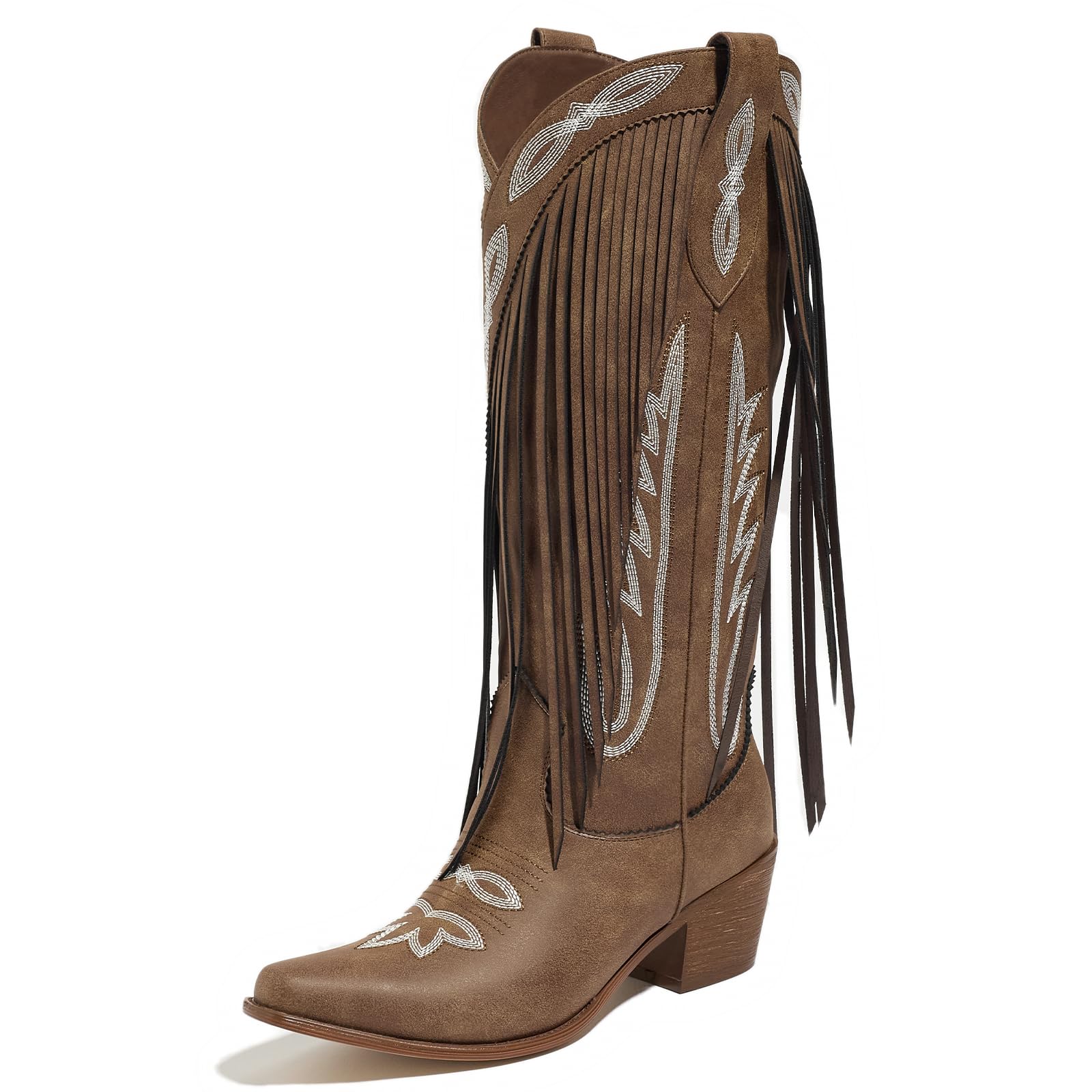 Sqzrkj Fringe Cowboy Boots for Women Wide Calf Western Cowgirl Boots Pointed Toe Chunky Heel Knee High Pull On Embroidered Tall Fall Boots