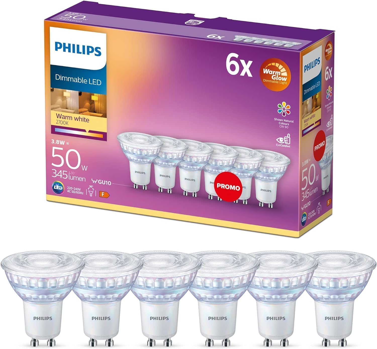 Philips - LED Gu10, 3.8 W Equivalente a 50 W, 345 Lumen, Regulable, Blanco Cálido, 6 Unidad (Paquete de 1)