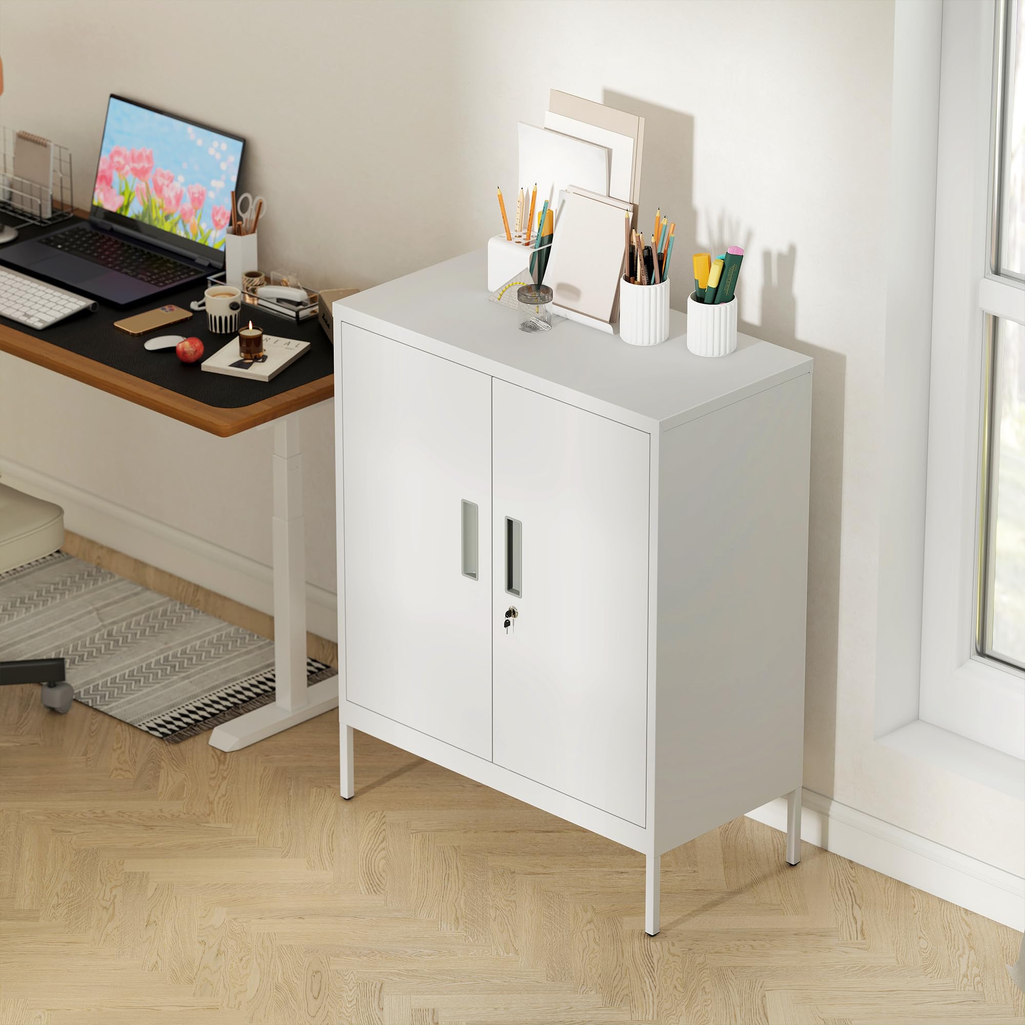 HOMCOM Armadio Portadocumenti a 2 Ante in Acciaio, Schedario da Ufficio con Ripiani Regolabile su 25 Livelli e Serratura, Mobiletto Multiuso Portaoggetti, per Ufficio Studio, 80x40x100 cm, Bianco