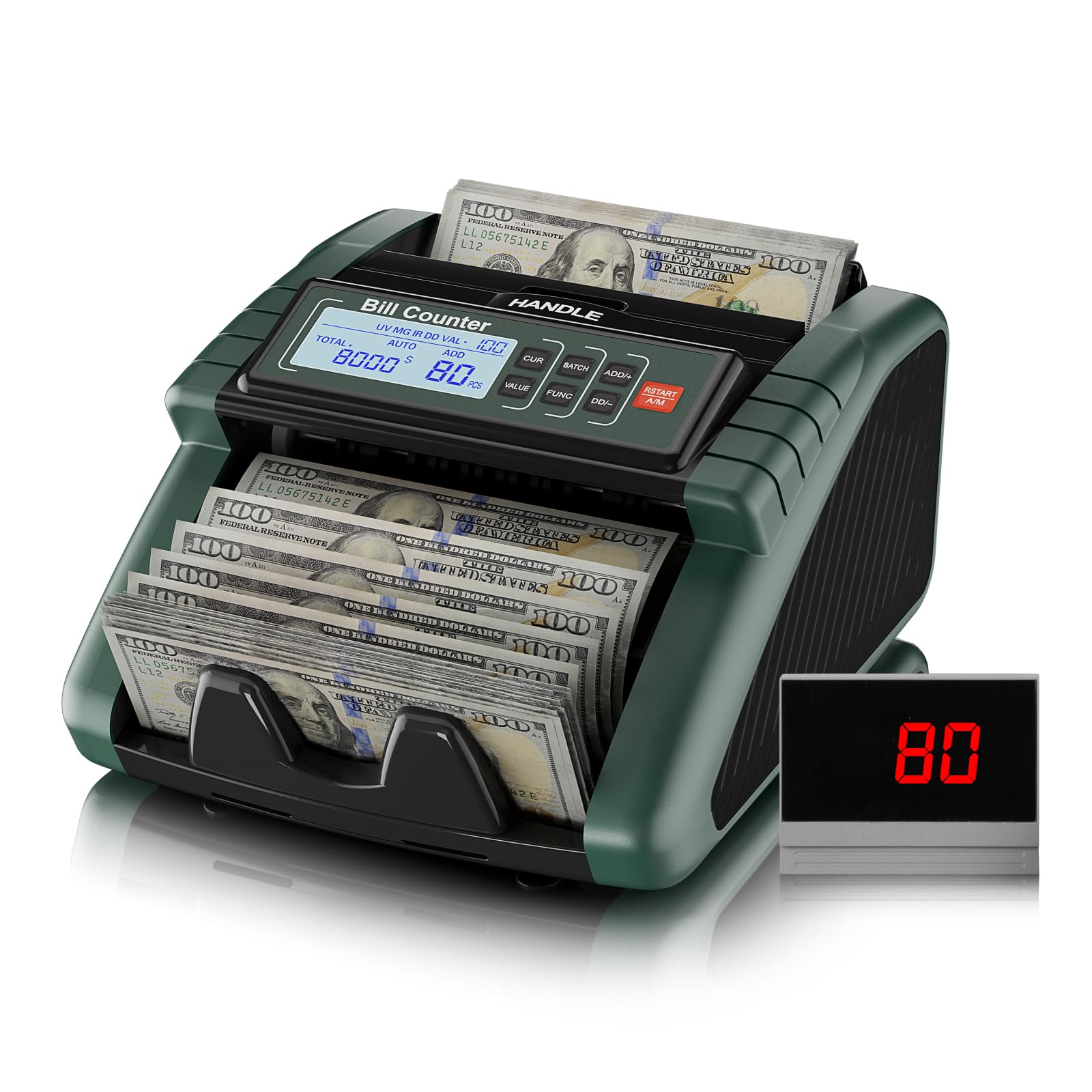AL1000 Contador de Billetes, Detección de Billetes Falsos UV/IR/DD/MG, Conteo de Valor & Lote & Adición, Pantalla LCD, 1200 Billetes/Min, Compatible con Múltiples Monedas, Verde Oscuro