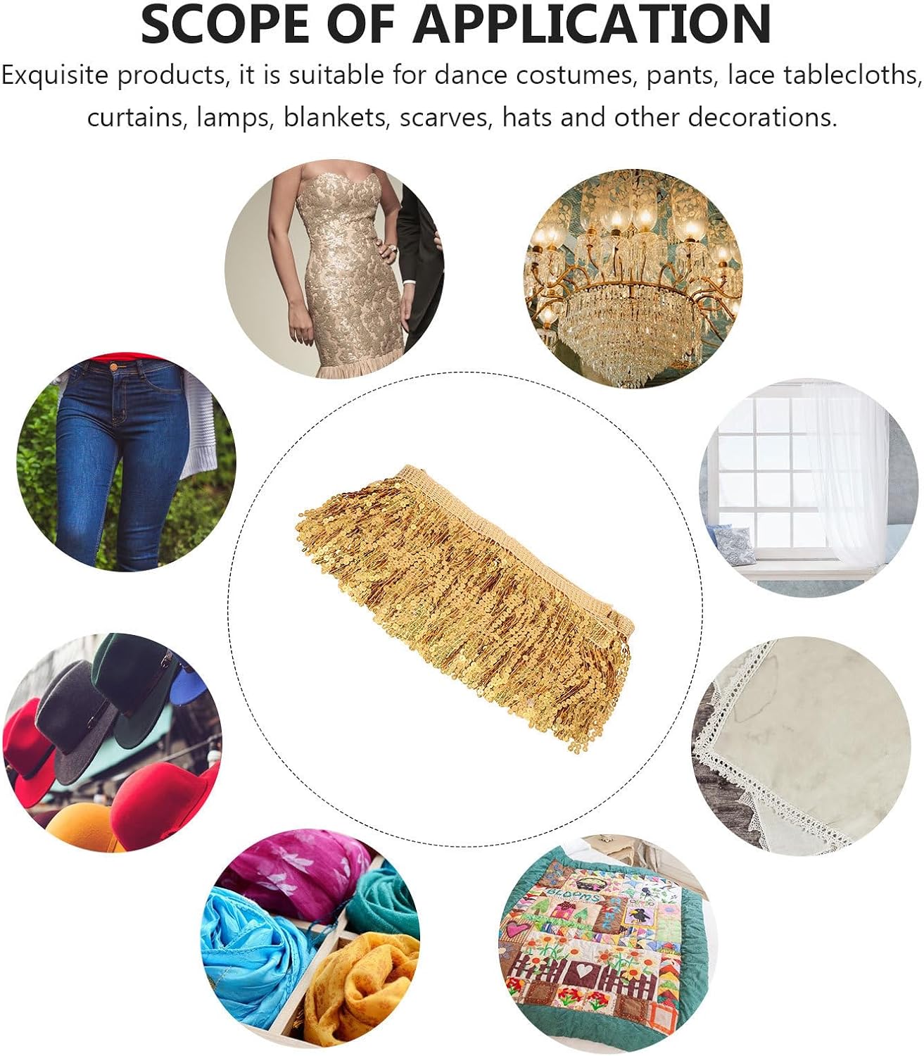 Homoyoyo Golden Sequin Tassel Trim Ribbon for Clothes, Polyester and Plastic Material, Can be Cut Freely, for Latin Dance Clothing and Table Cloth Decoration, DIY Sewing Supply for Dress