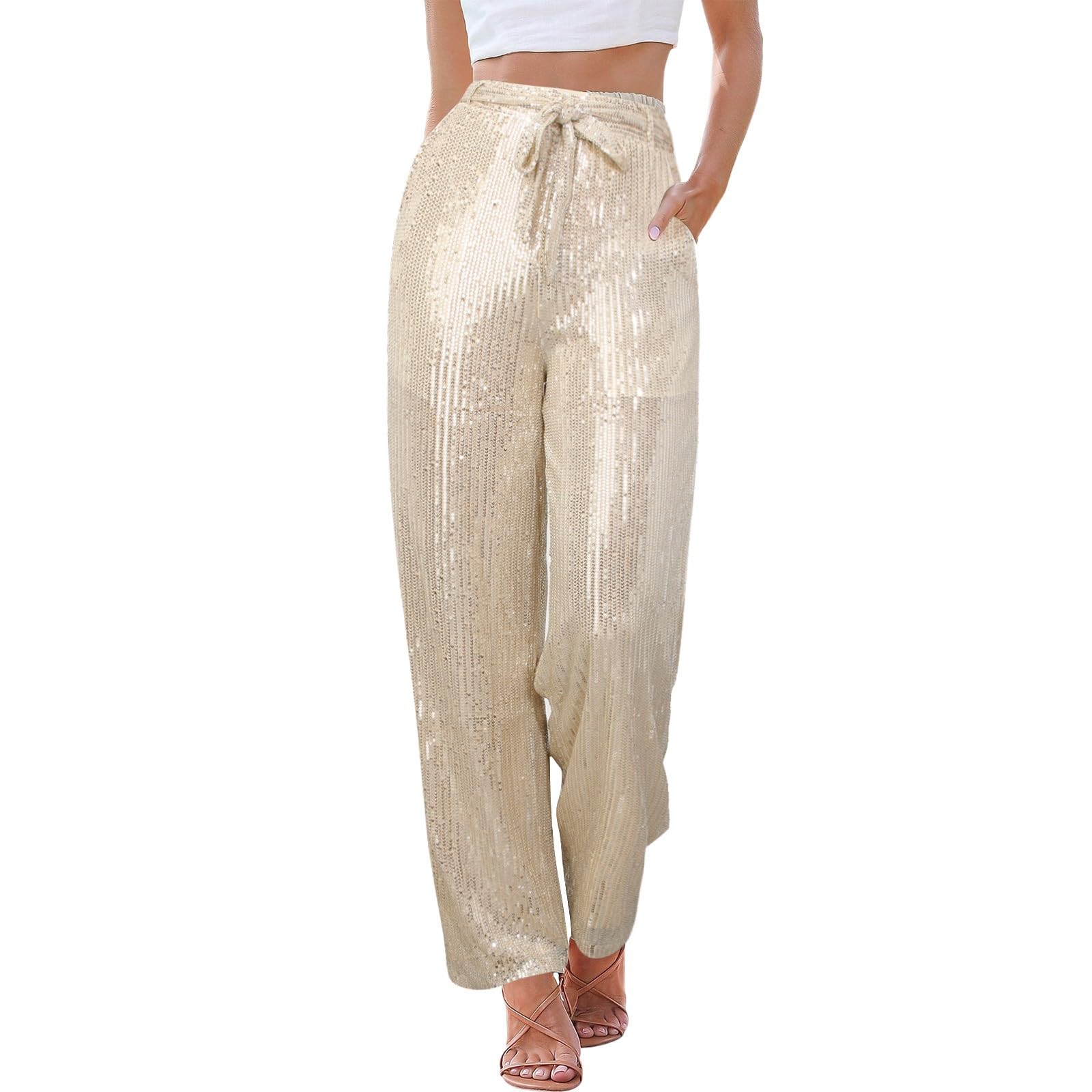Pantaloni Paillettes Donna Eleganti Zampa vestibilità Comoda Pantaloncini Streetwear Curvy Pantalone A Vita Alta Culotte Elasticizzati Brillantini Giacca
