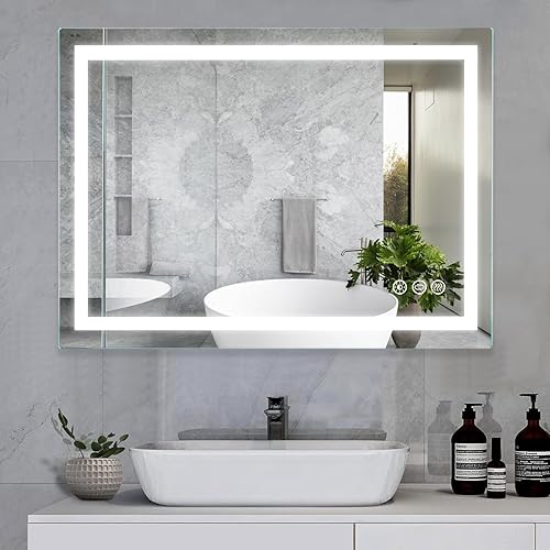 Espejo de baño LED, 36 x 28 pulgadas, con luces frontales, espejos para pared con botón táctil inteligente, 3 colores, antiniebla, memoria, espejo