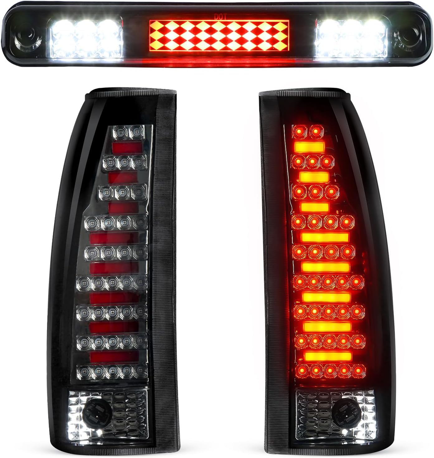 Tail Light Assembly + 3rd Brake Light Fit for Chevy GMC C/K 1500 2500 3500 88-99, for Chevy Silverado 94-98, for Chevy Blazer 92-94, Taillights and High Mount Stop Light, 3 Pcs, Smoke Lens