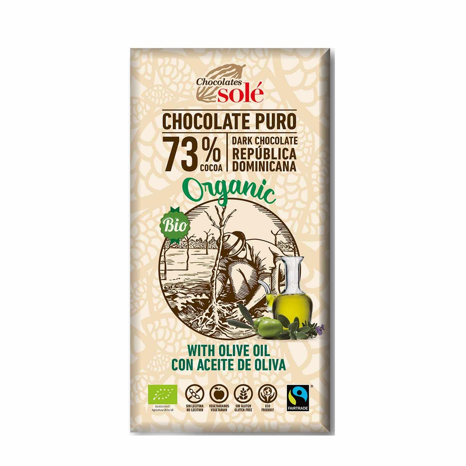 CHOCOLATE NEGRO 73% con aceite de oliva 100gr.