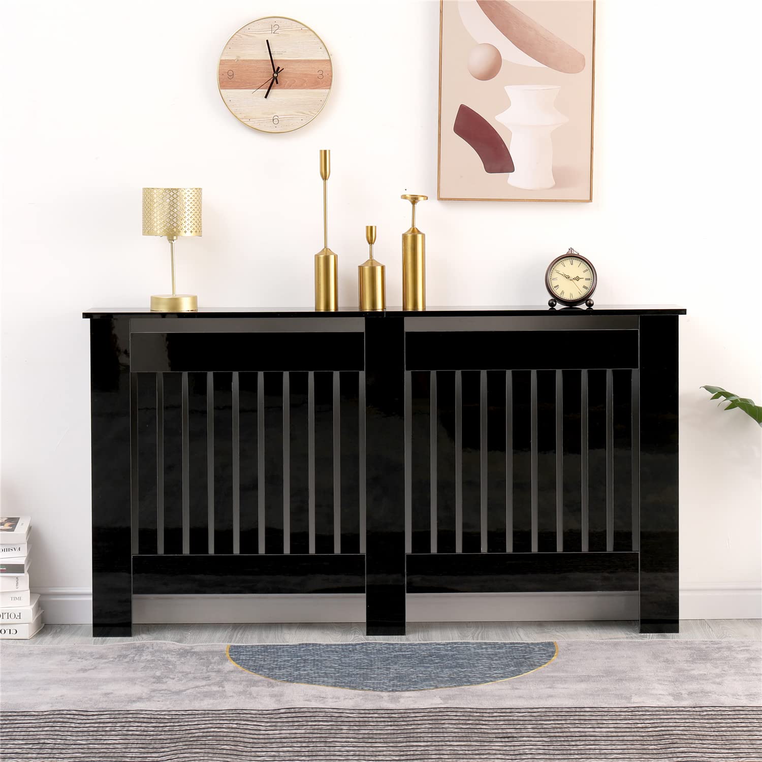 Homemade Deisgn FurnitureHMD High Gloss Black Radiator Cover Vertical Slatted Decorative Cabinet for Bedroom,Living Room,Hallway,Kitchen