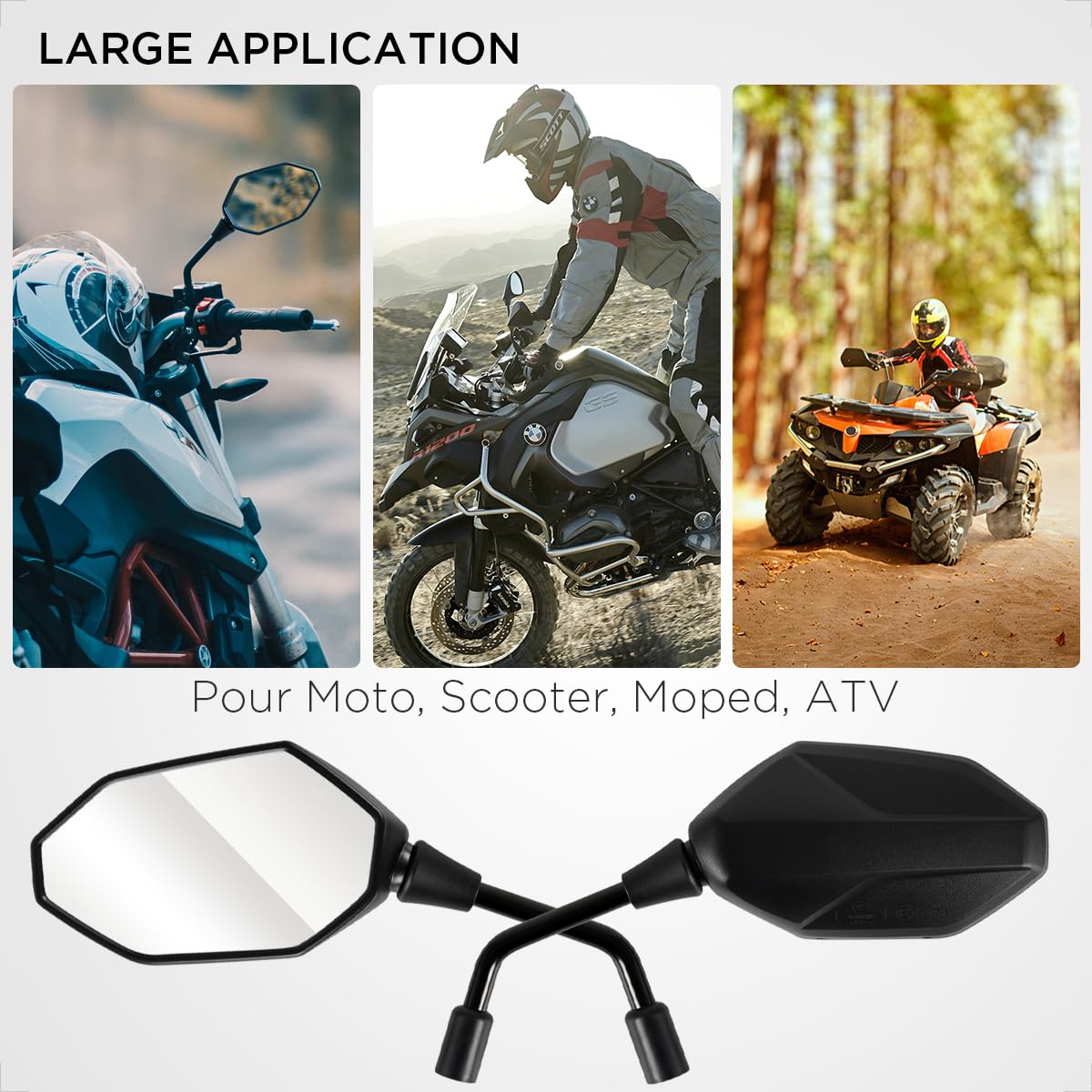 Evermotor Rétroviseur de moto universel approuvé E, M8 M10 Ensemble de rétroviseurs de moto rotatifs à 360 °, rétroviseur de moto compatible avec les scooters, scooters, VTT, cyclomoteurs (2 pièces) | Lot de 2 rétroviseurs de moto E4 - 150 x 86 mm - Rotat