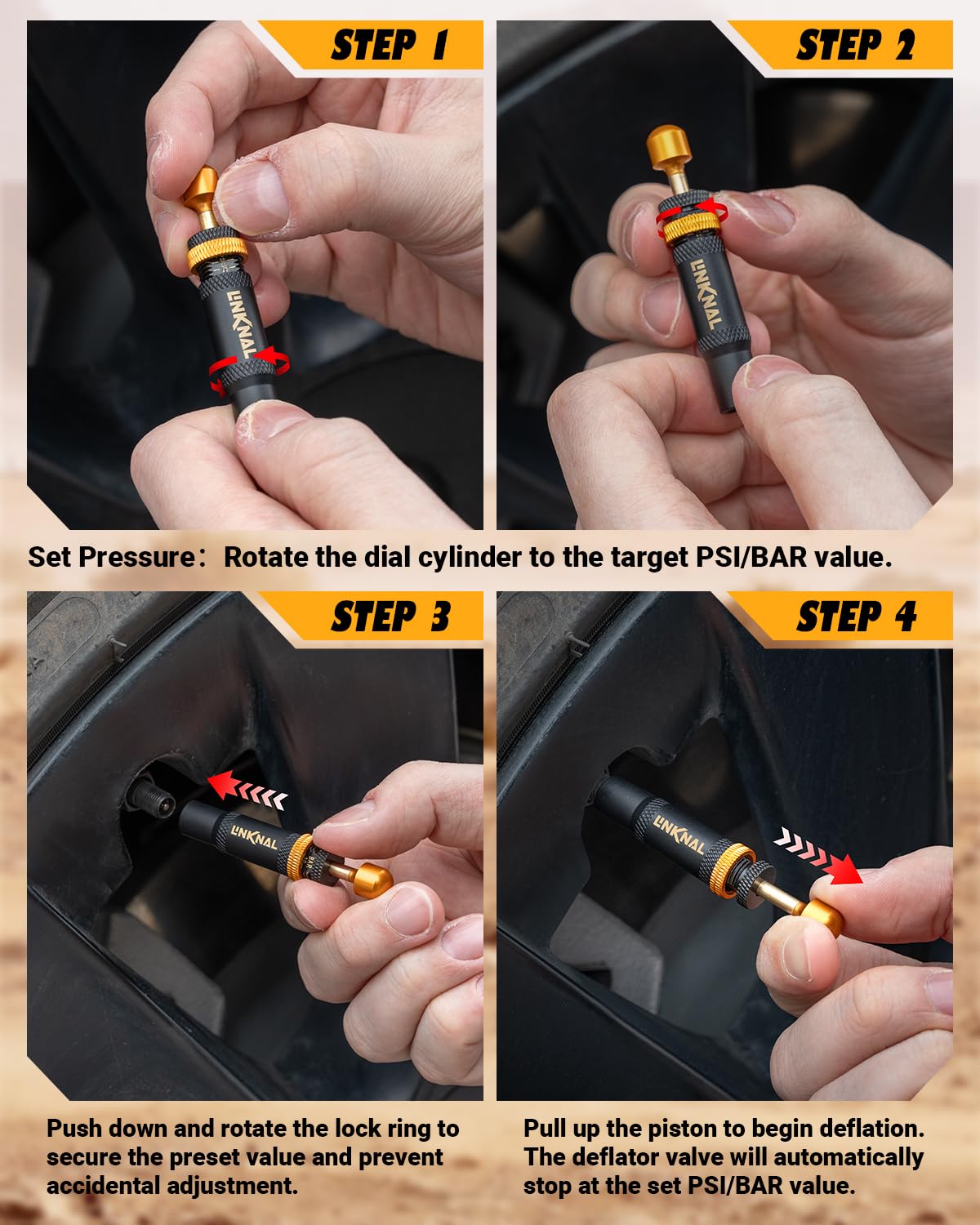 LINKNAL Kit da 4 Pezzi valvola di sgonfiaggio Pneumatici Automatica Regolabile (10–30 psi / 0,7–2 Bar) per Fuoristrada 4x4, Jeep, Camion, SUV,Giallo