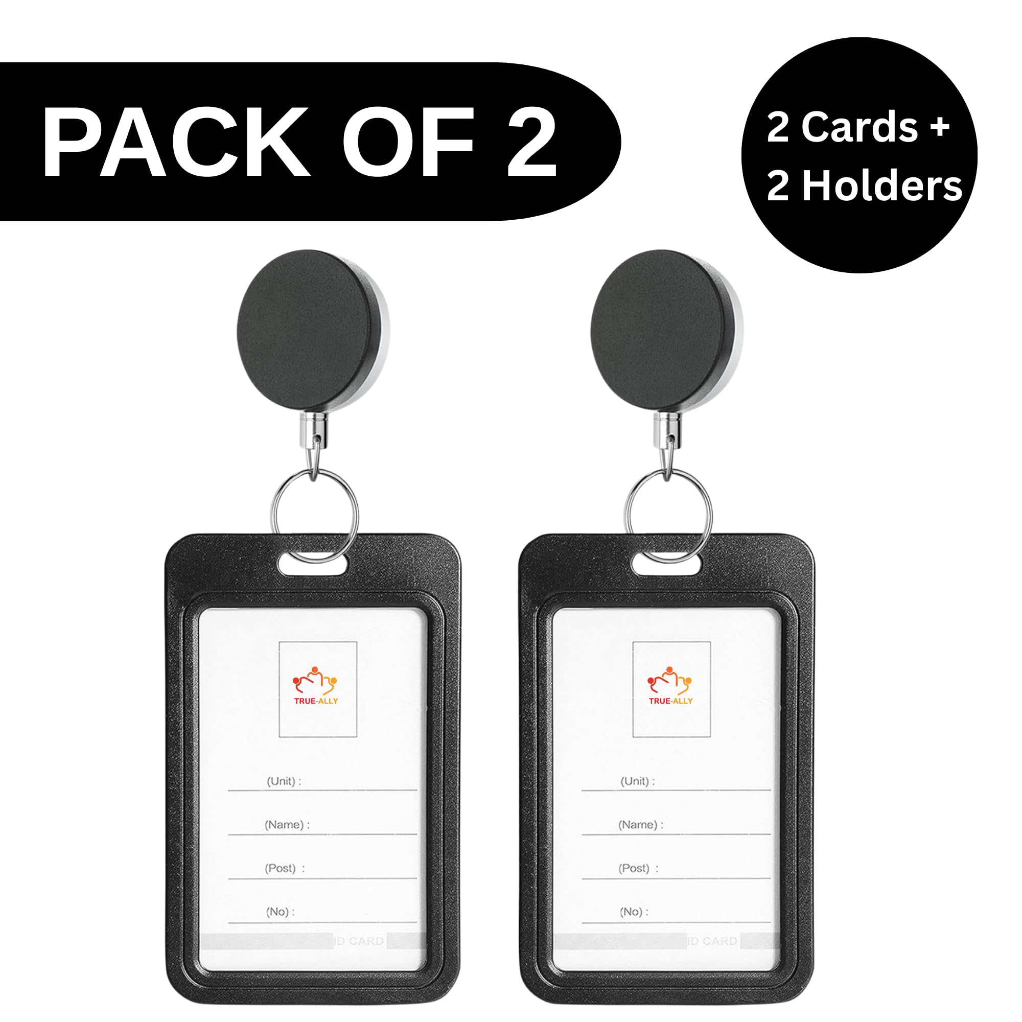True-Ally Metal Black Retractable Reel ID Card Holder with Vertical Silicone Card Sleeve Pack of 2 with Belt Clip, Durable Badge Holder, Heavy Duty ID Badge Reel for Office, School & Security Use