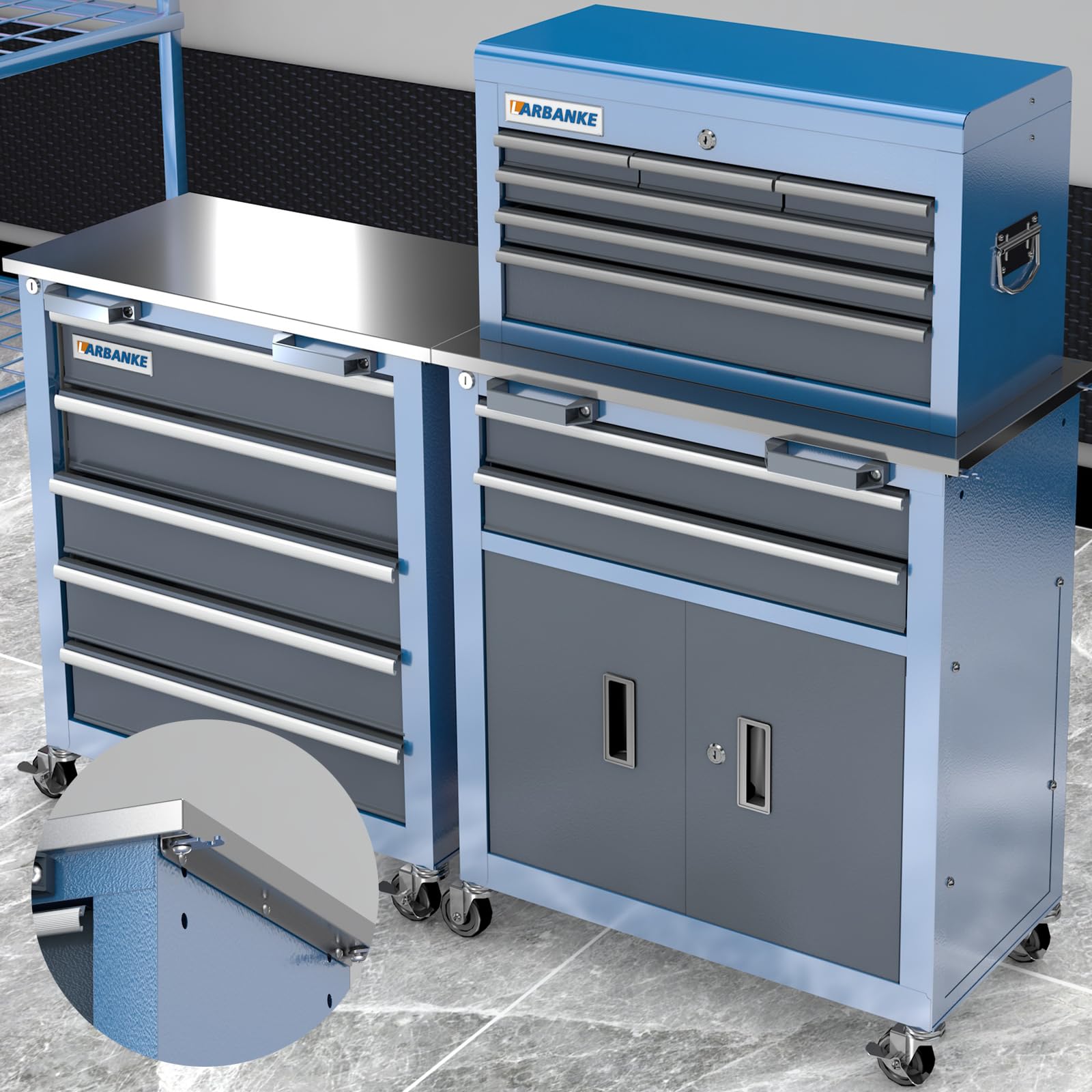 LARBANKE Carrello da officina con 5 e 8 cassetti, ruote con freno universali, piedini in gomma morbida e piano del tavolo in acciaio inox. Le scatole possono essere collegate tra loro tramite