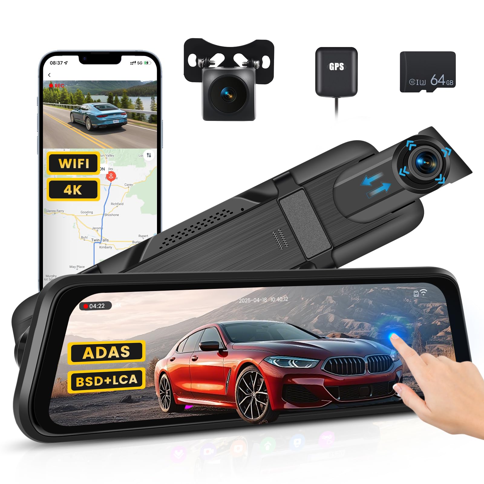 9,7'' Écran Tactile 4K Dashcam Retroviseur Voiture, 2 Dash Cam Avant et Arrière, Camera Embarquée Voiture Enregistrement Boucle avec GPS/WiFi/Capteur de Gravité/Rétroviseur avec Fonction de Streaming
