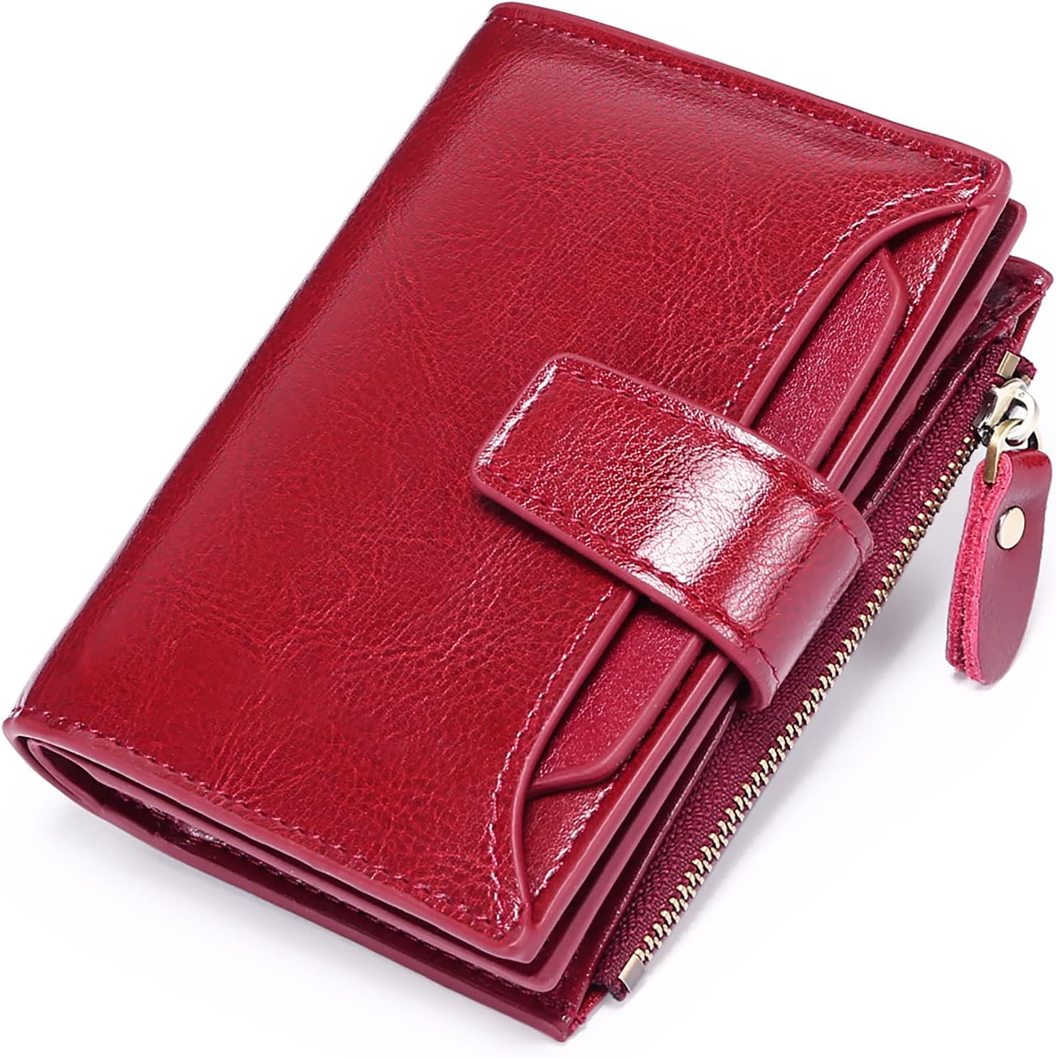 Women's RFID Blocking Leather Small Compact Bi-fold Zipper Pocket Wallet Card Case Purse with ID Window