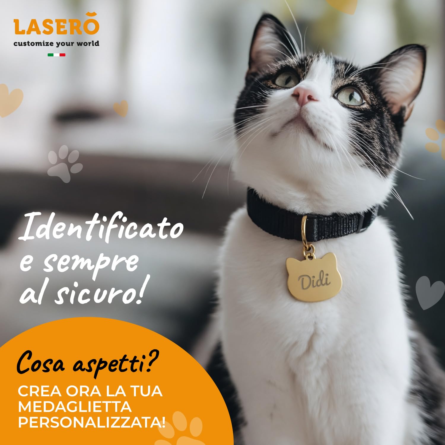 LASERO’ Medaglietta Gatto Personalizzata in Acciaio Lucido 2,5x2,5cm – Targhetta Gatto con Incisione Laser di Nome e Dati – 4 Colori (Rosa/Argento/Nero/Oro) – Targhetta Identificativa per Collare