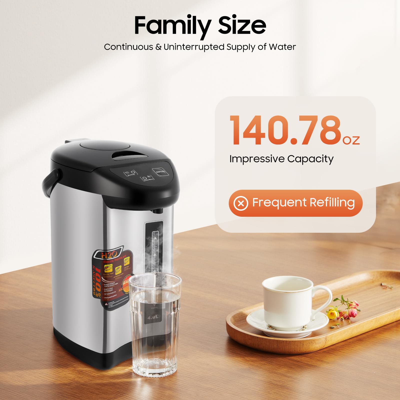 MINRS Thermopot 4 litry, dozownik gorącej wody, ze stali nierdzewnej, podwójne ścianki, funkcja utrzymania ciepła, czajnik elektryczny, grzane wino, garnek do podgrzewania, utrzymywania ciepła, czarny