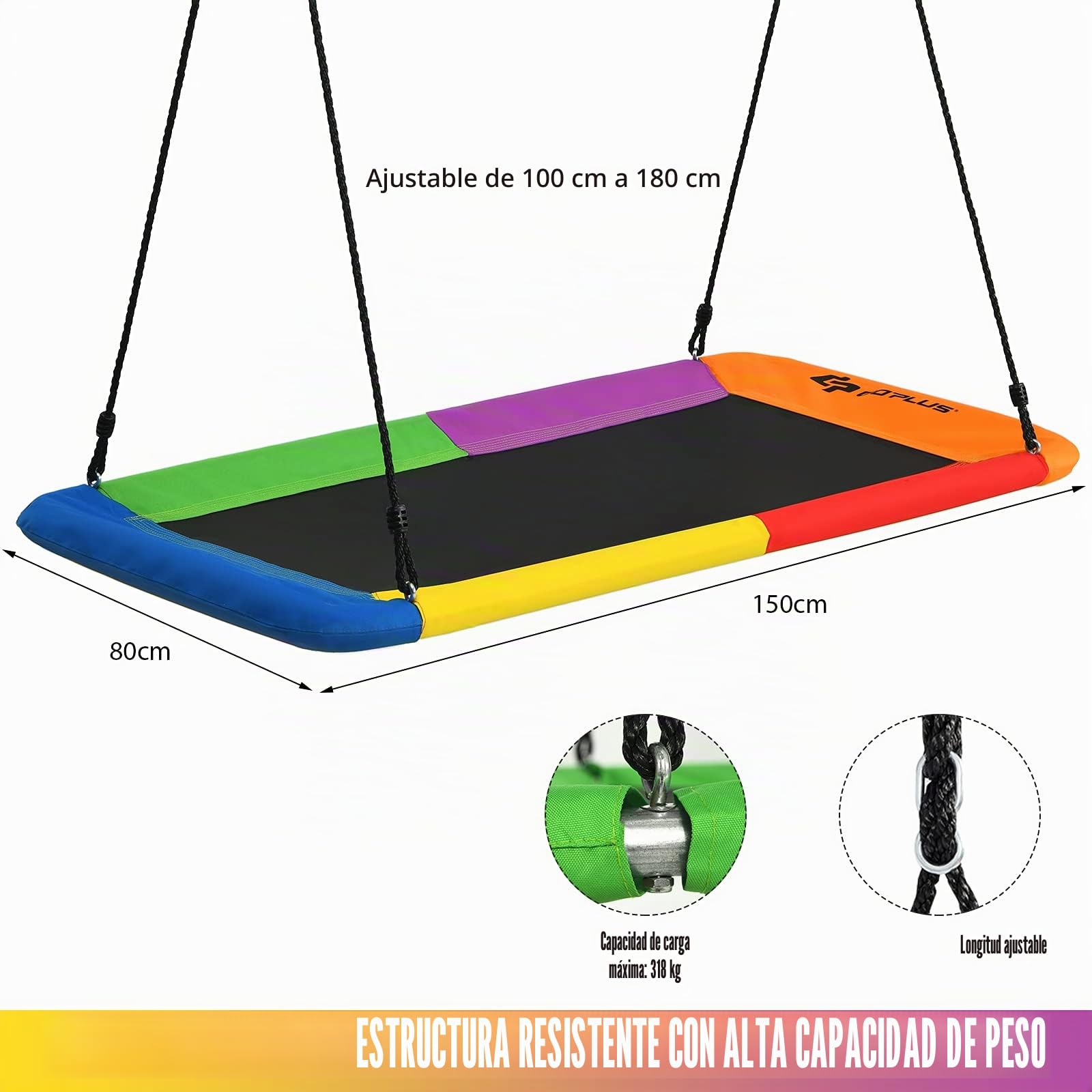 GOPLUS Columpio Rectangular Suspendido al Aire Libre, Nido de Pájaro de Cuerdas Ajustables 100-180CM, Asiento Suspendido al Aire Libre para Niños, hasta 315 KG,150 x 80CM (Multicolor)