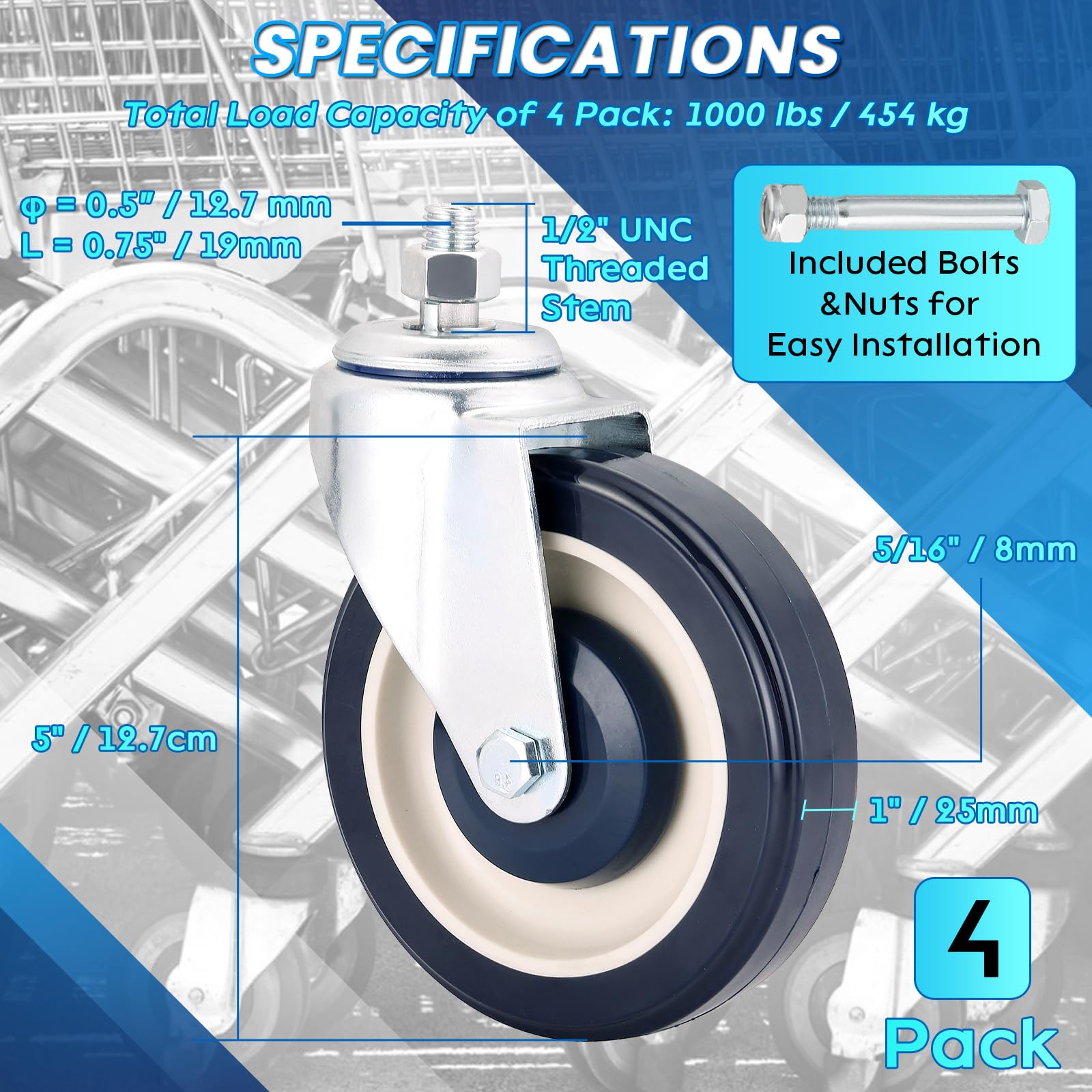 Shopping Cart Wheels Replacement Kit - 5 Inch -2