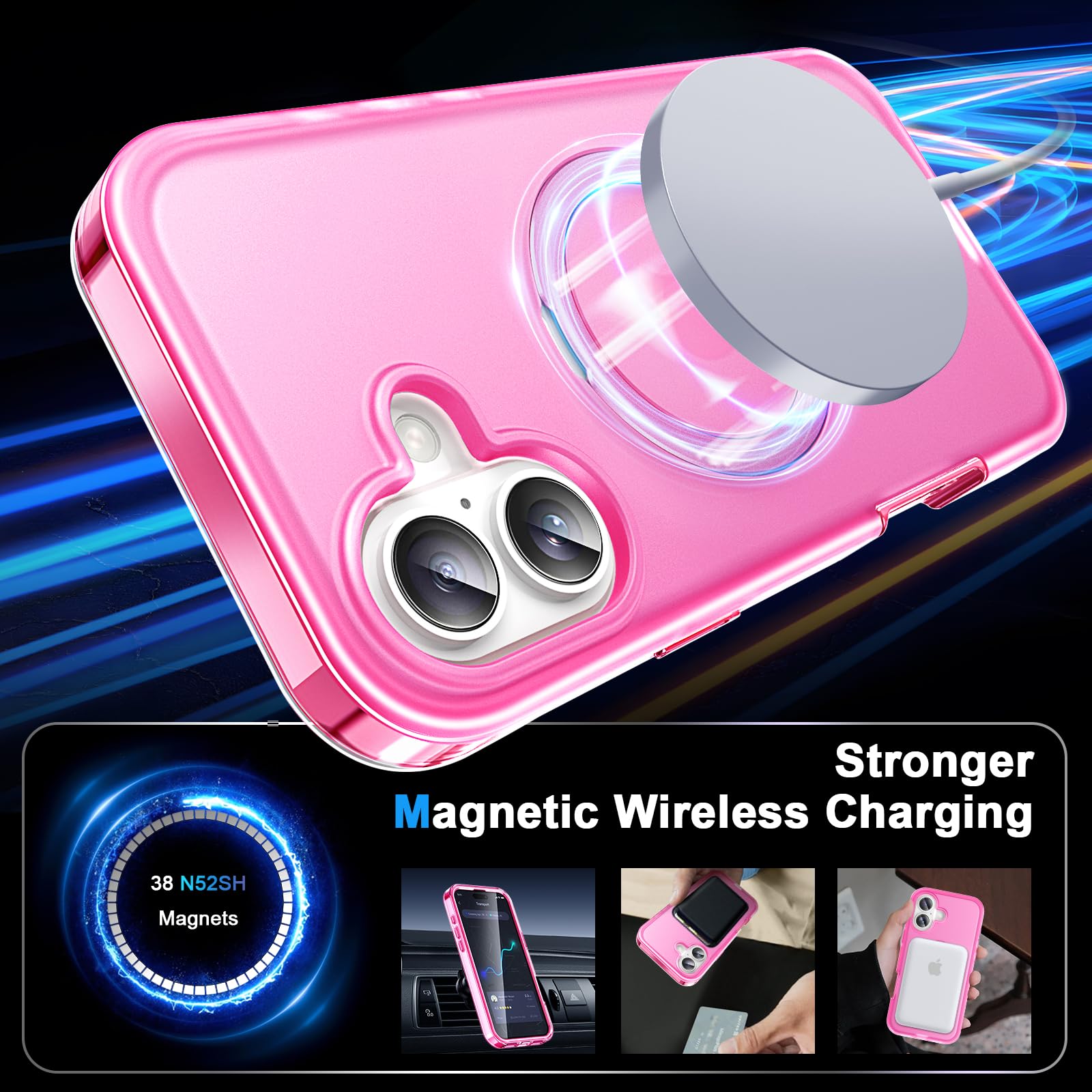 Custodia per iPhone 17 con pellicola protettiva integrata con supporto magnetico invisibile [compatibile con MagSafe] copertura integrale militare antiurto traslucida per telefono, rosa