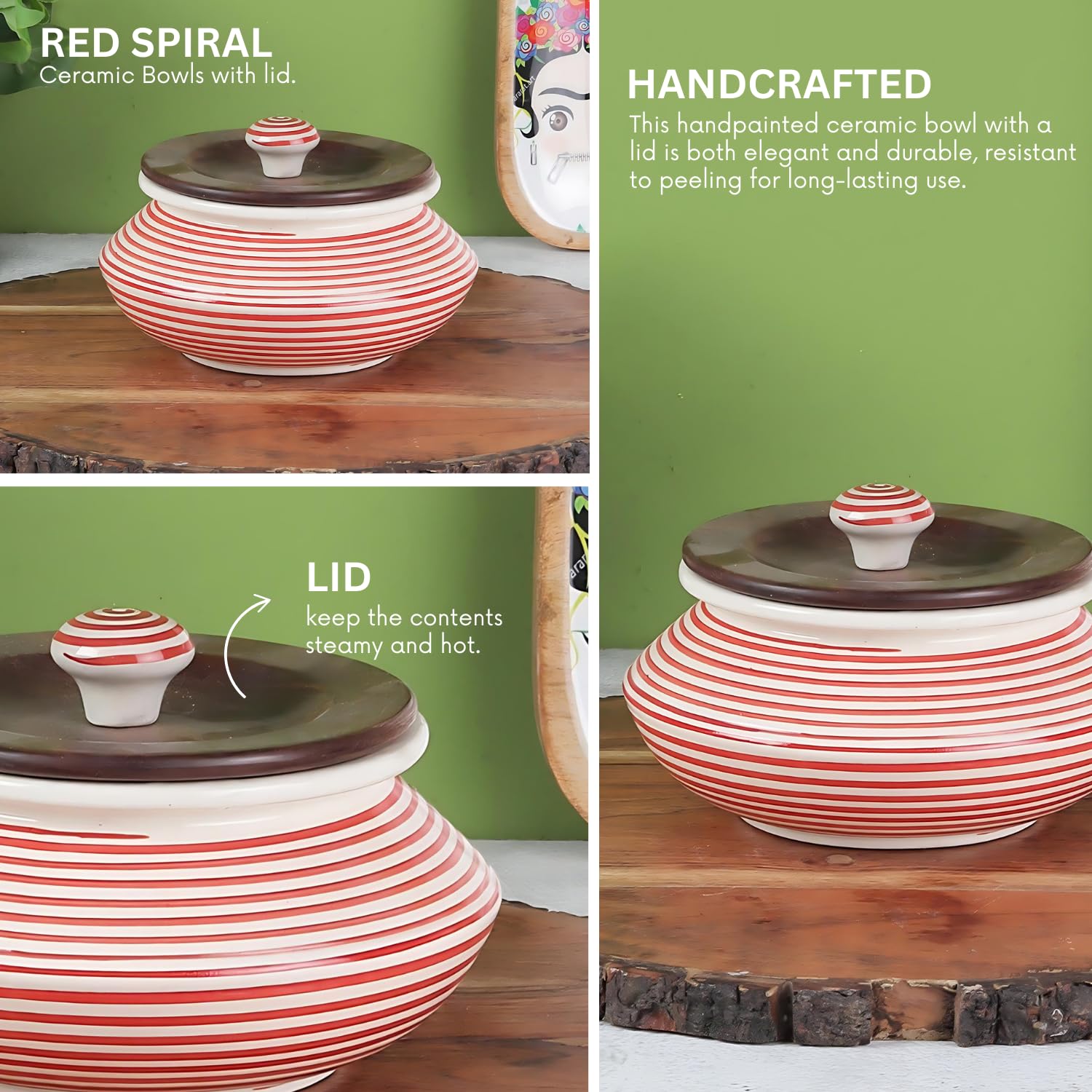 VarEesha Hand Painted Parikrama Red Spiral Large Ceramic Handi Bowl with Wooden Lid| Stoneware Handi for Serving Biryani, Dal| Dahi Handi| Microwave and Dishwasher Safe Serving Bowl with Lid|1000 ML 3