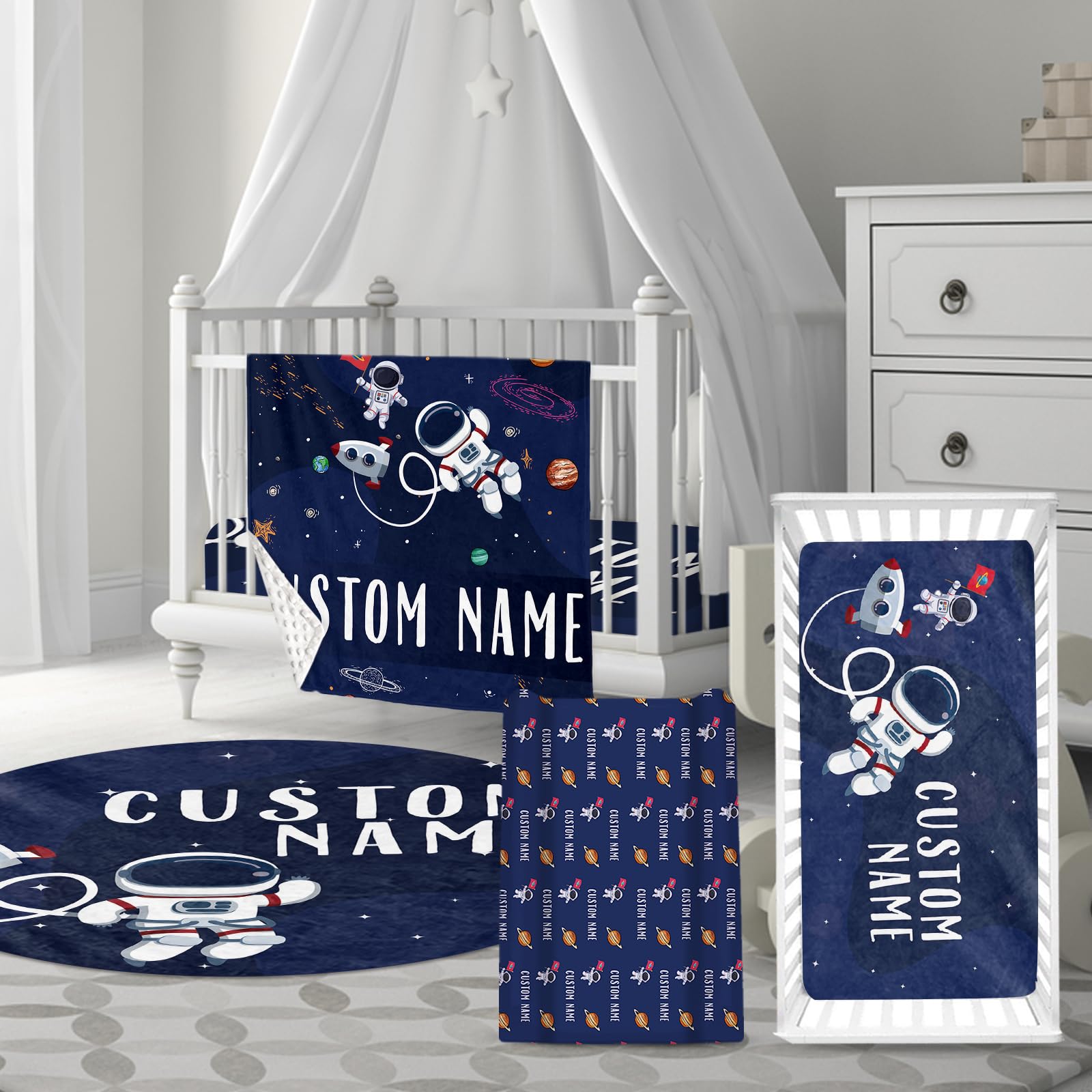 HSHRYY Custom Name Crib Bedding Set – Blue Astronaut in Space Theme - Personalized Blanket, Fitted Crib Sheet, Changing Pad Cover & Nursery Rug – 4-Piece Gift for Baby Boys