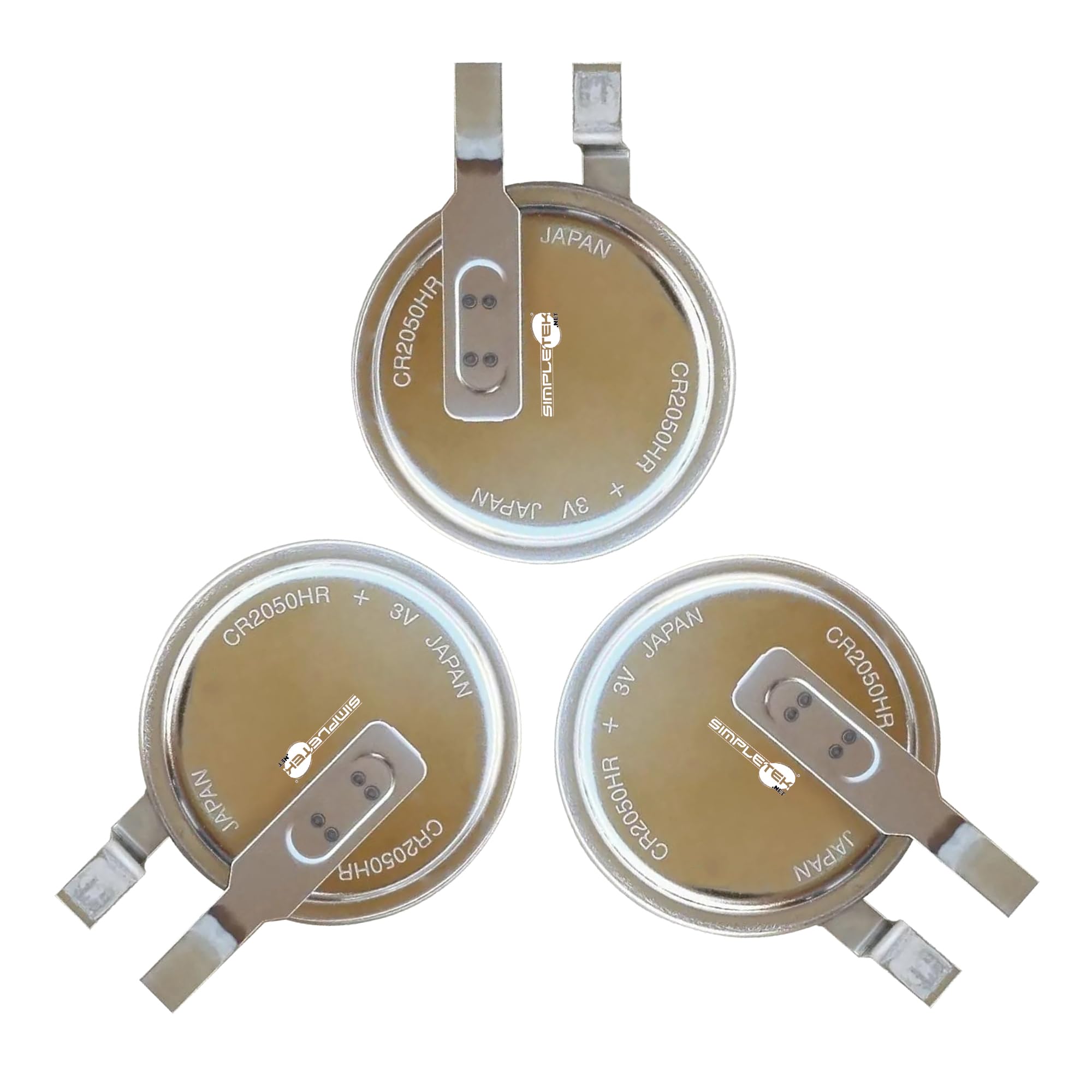 SIMPLETEK - 3 pilas de botón CR2050 CR2050HR BR2050 LM2050 2050 3 V pilas de litio con conectores para soldar contactos planos, no recargable (3 unidades)