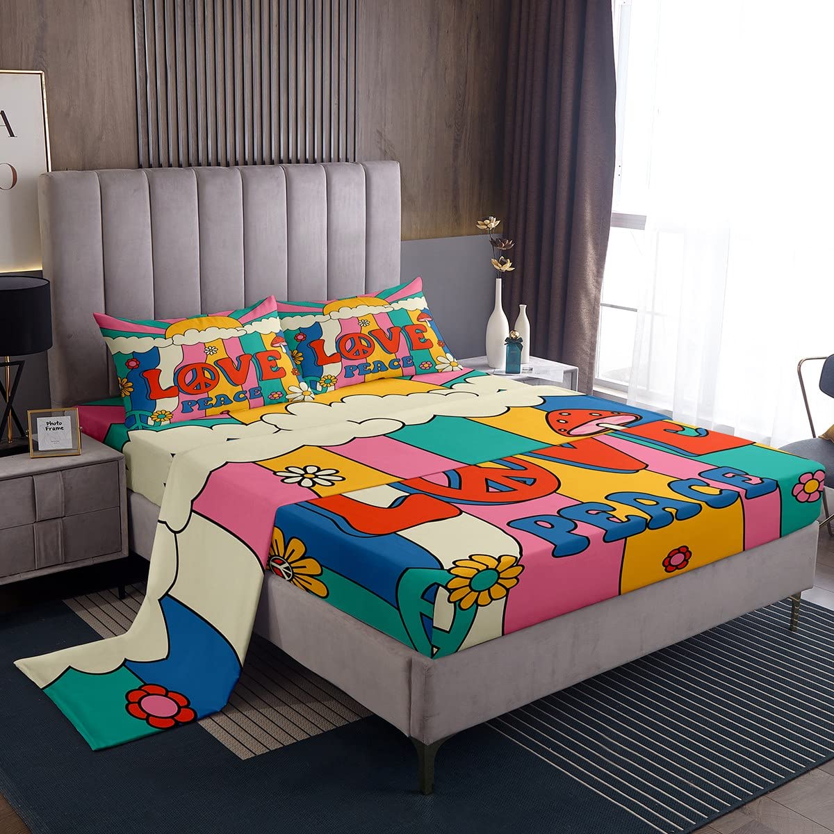 Retro Groovy Style Sheet Set Boho Abstract Sheets with Deep Pocket Fitted Sheet for Kids Exotic Hippie Bed Sheets Set Breathable Flower Bedding Set Colorful Decor Cloud Bed Set Single