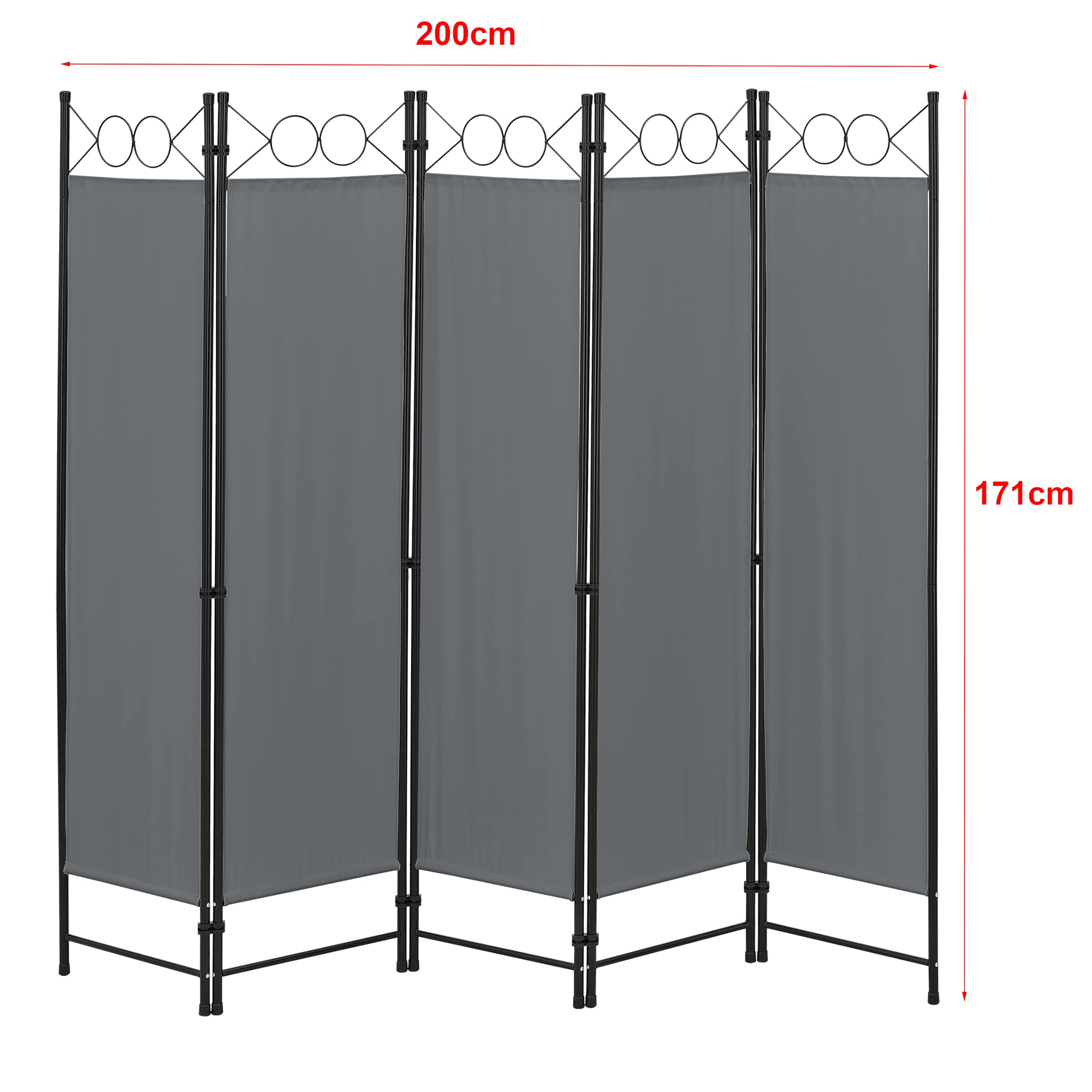 Paravent de Confidentialité à 5 Panneaux Séparateur de Pièce Élégant Brise-Vue pour Intérieur Extérieur Acier Polyester 171 x 200 cm Gris Foncé