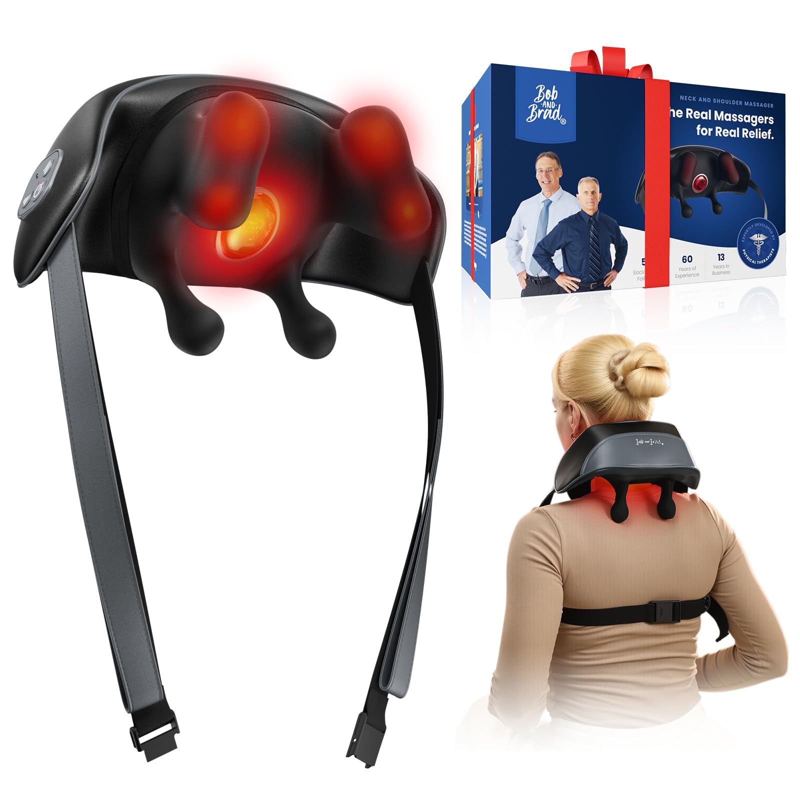 BOB AND BRAD Masajeador Cervical y Espalda con Calor, Shiatsu 4D Inalámbrico para Cuello Hombros, Manos Libres, 2 Niveles Temperatura, Regalo Ideal Mujeres Hombres