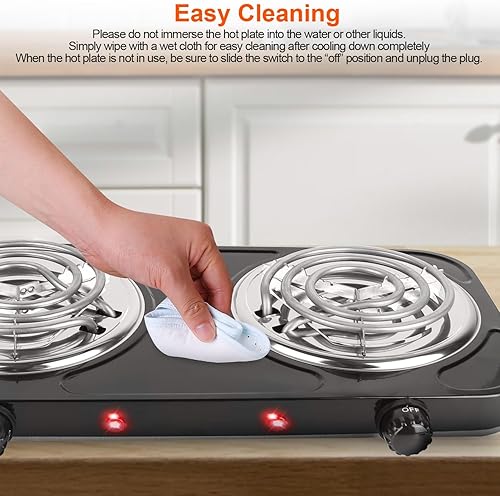 Miniatura 8 de Placa caliente, estufa eléctrica portátil de 2000 W para cocinar con 5 niveles de temperatura ajustable y control doble, quemador de bobina doble