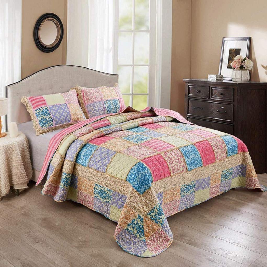 Sjdopulse A 220X240cm Vintage Patchwork Bedspread Reversible Quilted Quilt With 2 Pillowcase Warm Coverlet Bed Cover Home Decor, B, 220X240cm