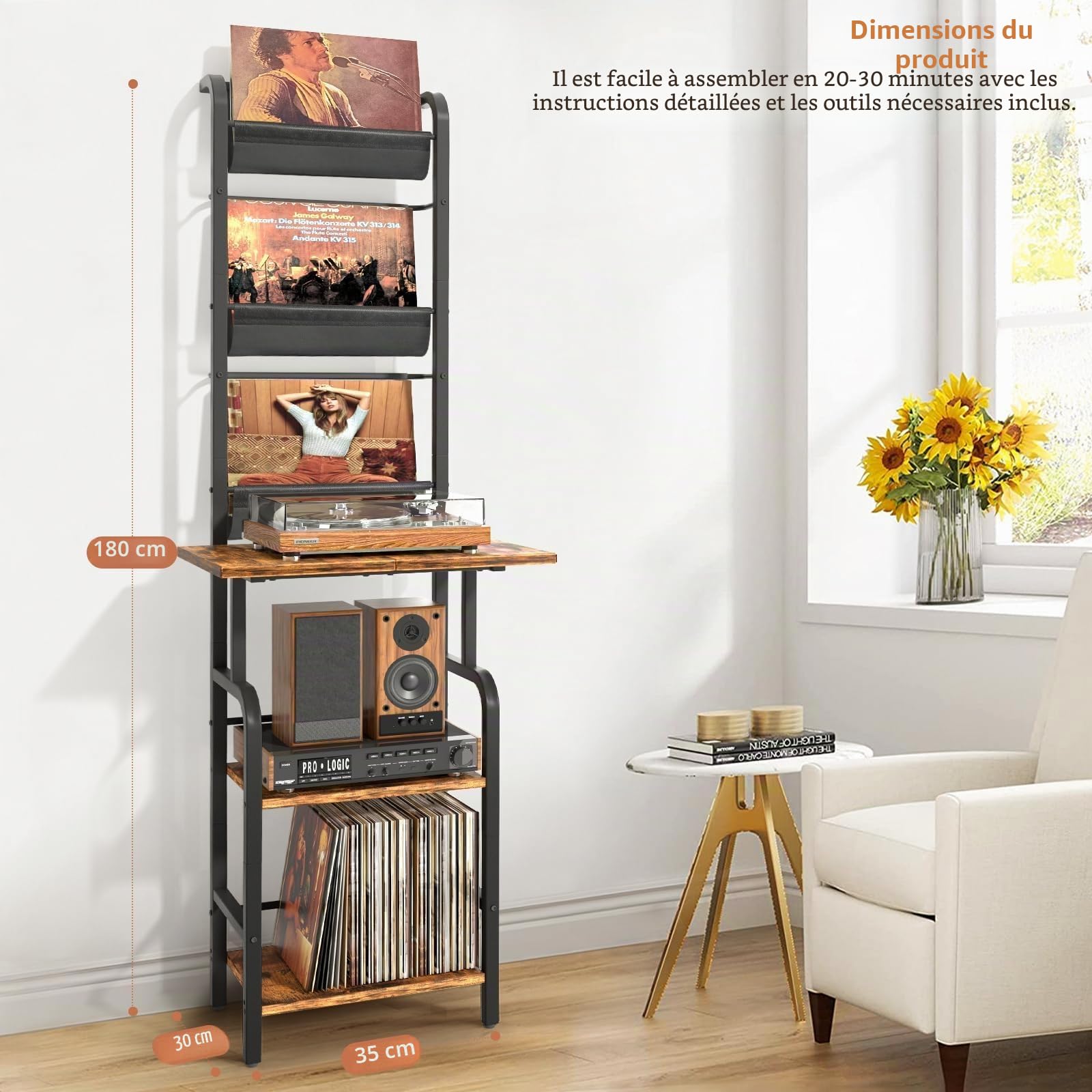 Bikoney Meuble Tourne-disque Haut avec Rangement Vinyle – Table Tourne-disque avec Étagère Murale, Support à Vinyles pour Jusqu’à 200 Albums, Meuble de Rangement pour Salon ou Chambre