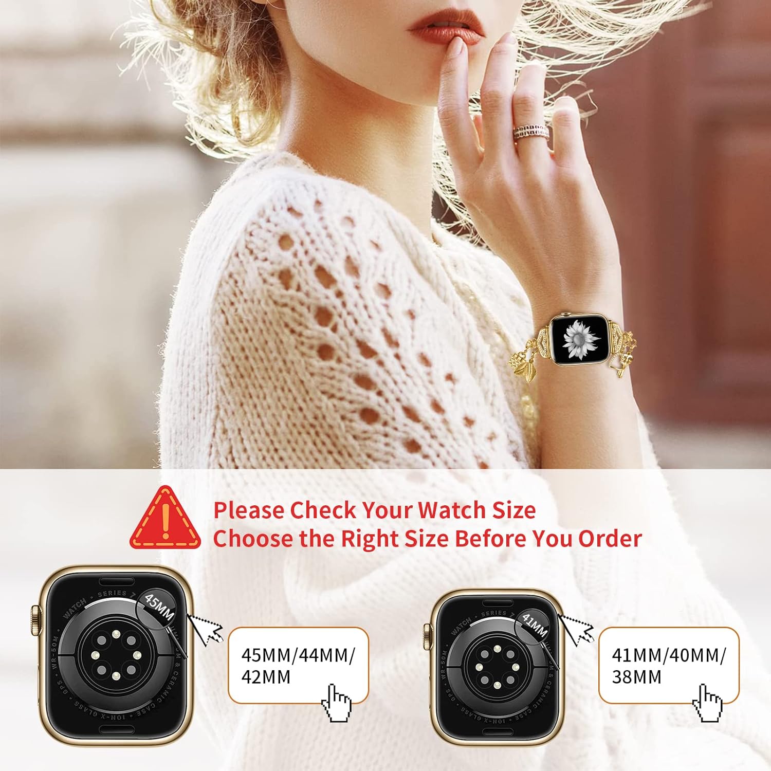 Bling Band Compatible with Apple Watch 40mm 41mm 38mm, Metal Jewelry Watch Strap for Series SE 9 8 7 6 5 4 3 2 1 Interchangeable Charms Dressy Bracelet for Women (Gold) - Image 5